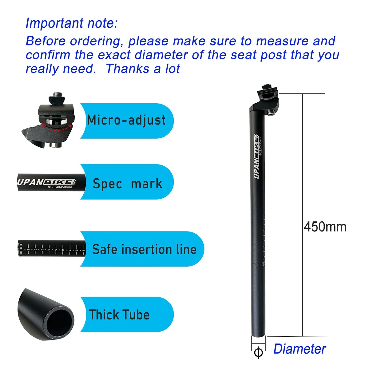 UPANBIKE bardzo długa sztyca siodełka rowerowego ze stopu aluminium, z mikroregulowanym zaciskiem, średnica 25,4; 27,2; 28,6; 30,4; 30,9; 31,6 mm