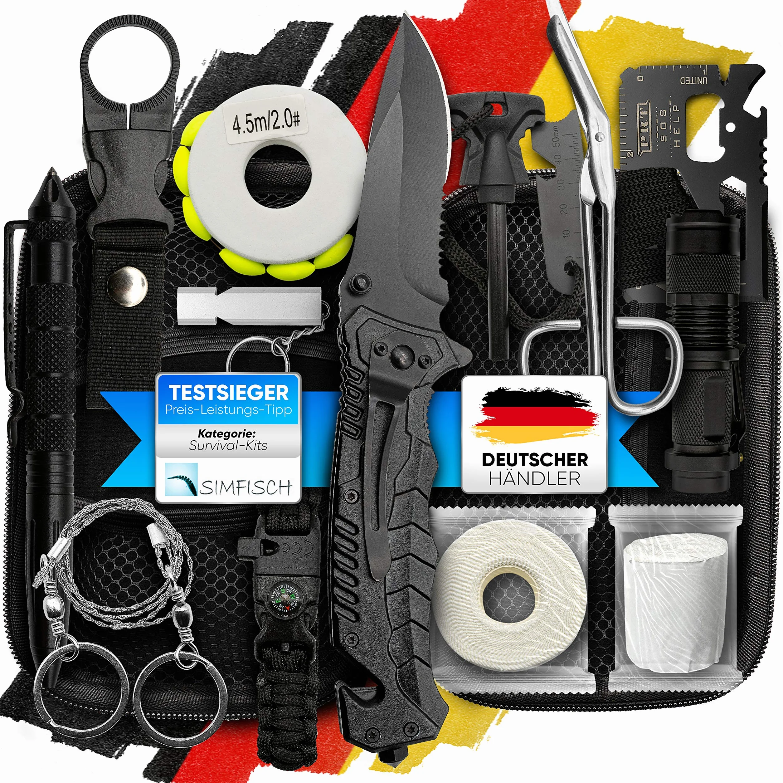 Jungle Monkey® Zestaw survivalowy – zestaw premium 17 w 1 z nożem i latarką – wyposażenie outdoorowe na wędrówki i kemping – zestaw survivalowy – wyposażenie ratunkowe w sytuacjach awaryjnych