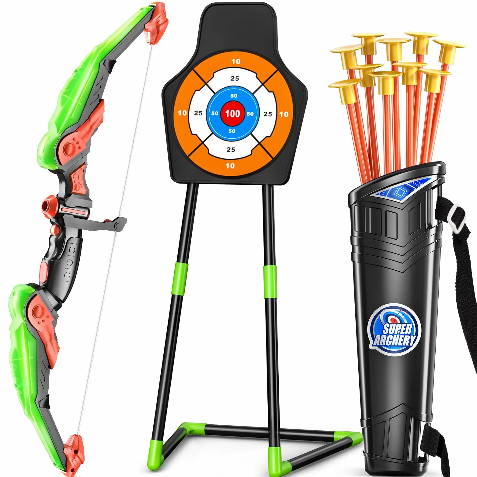 TEMI Bow and Arrow Set for Kids with LED Lights-Archery Set with 10 Suction Cup Arrows, Quivers & Standing Target, Outdoor Toys for Kids Boys & Girls Ages 3-12 Years Old