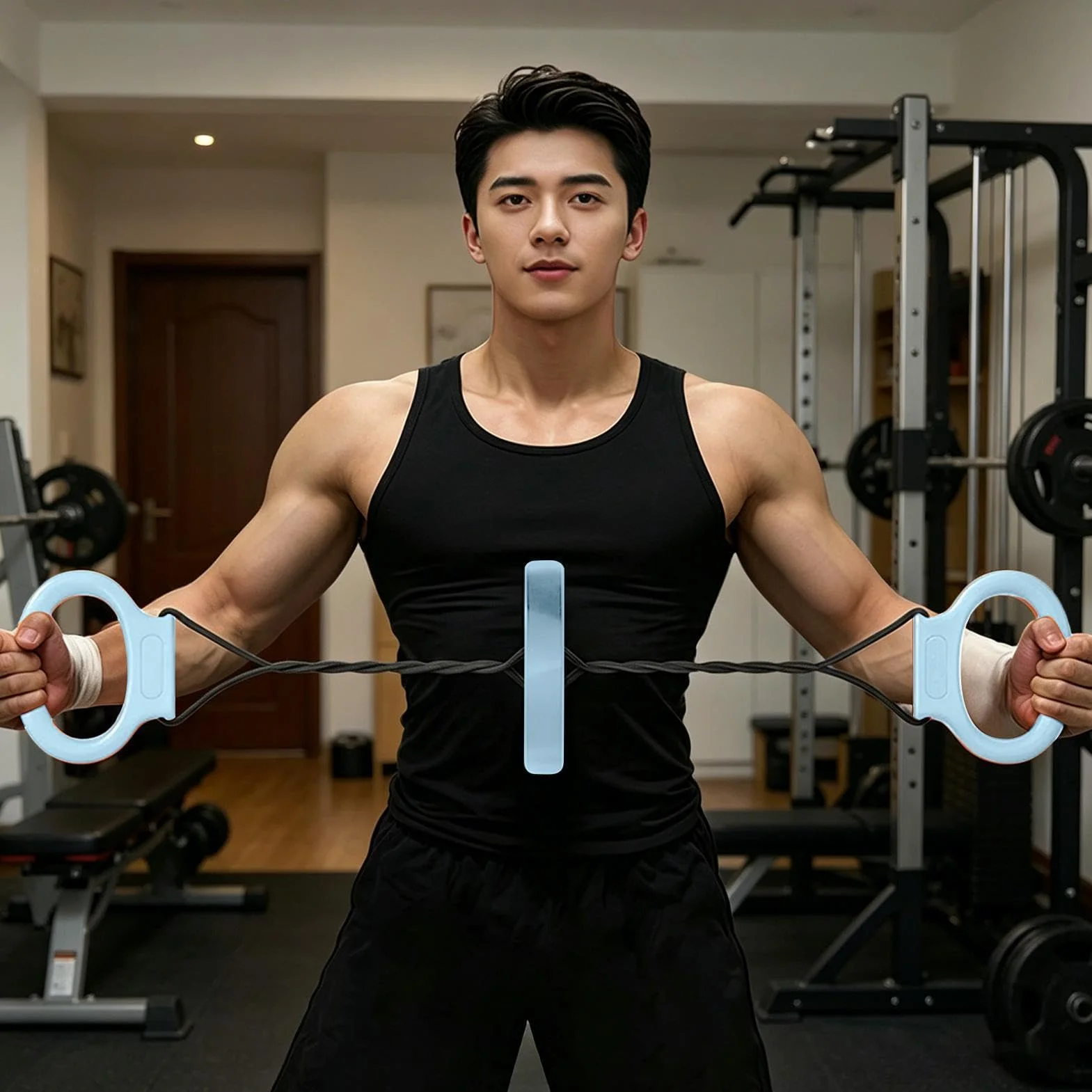 Chest Expander Men, składany, 18 cali, stalowy trener oporowy, antypoślizgowy uchwyt