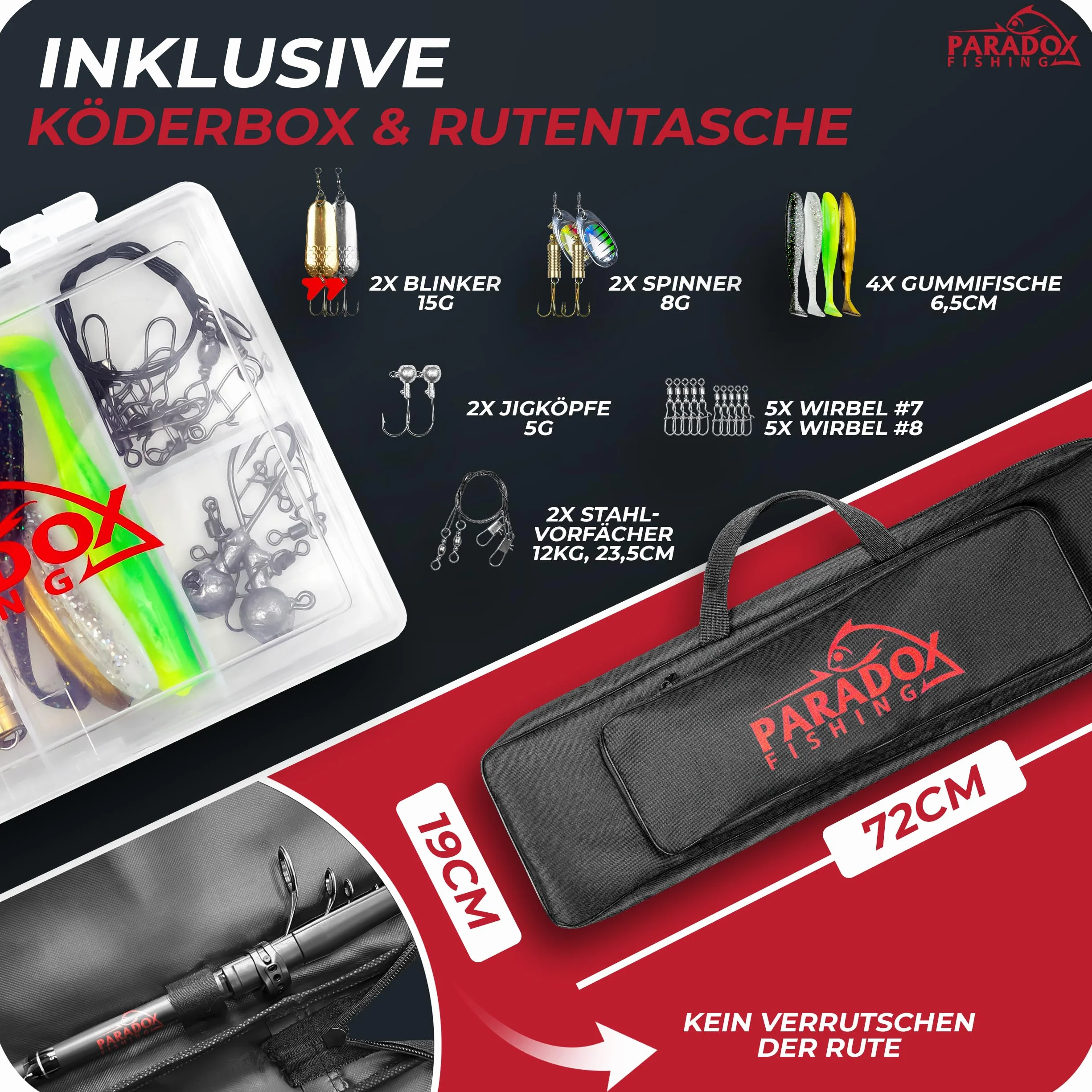 Paradox Fishing Zestaw wędek spinningowych 2,1 m/2,4 m/2,7 m teleskopowa z kołowrotkiem i akcesoriami