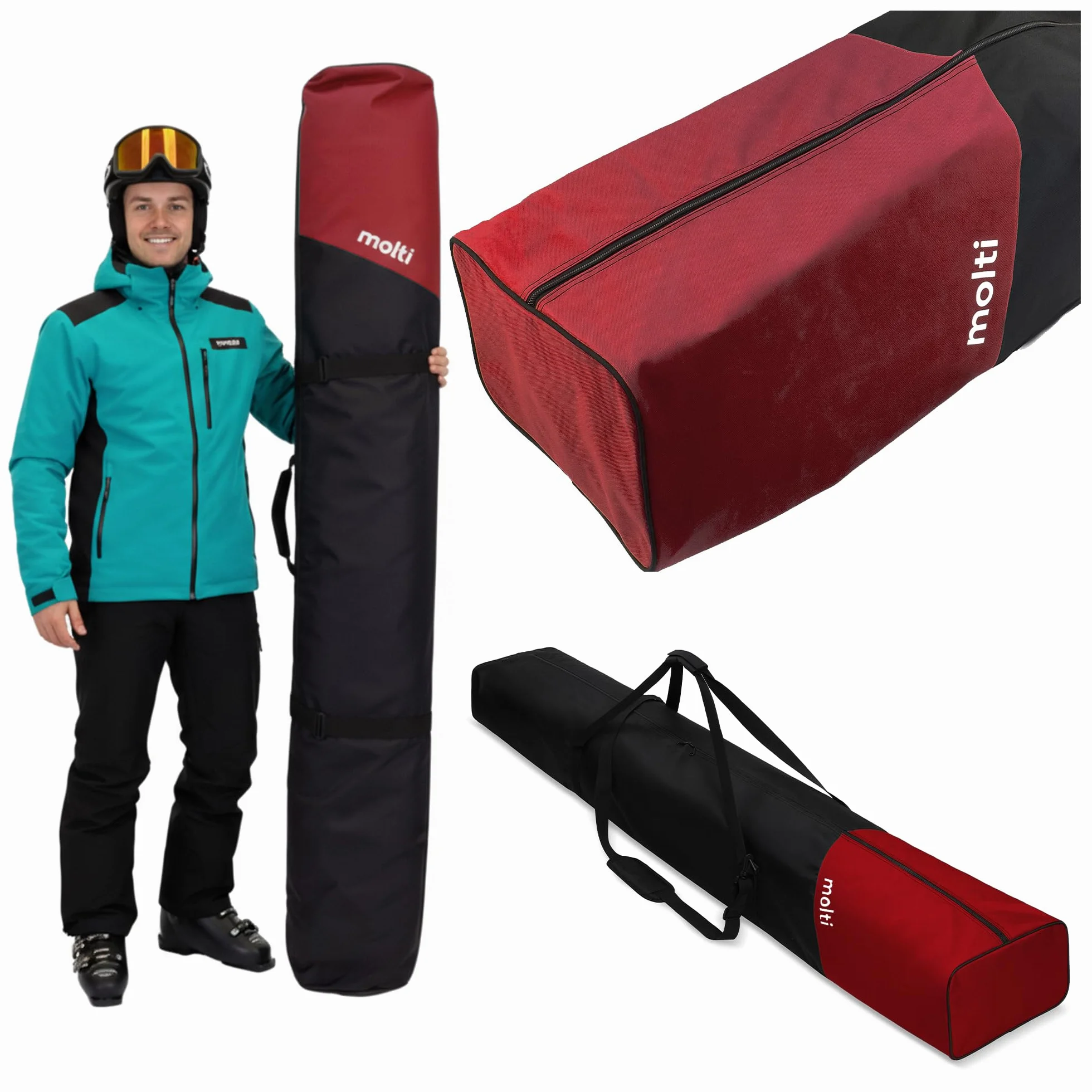 molti Torba na narty do 195 cm wodoszczelna poliester 600D, pokrowiec na 1 parę nart, materiał odporny na rozdarcie, kieszeń wewnętrzna, wentylacja, pasek na ramię i uchwyty do noszenia