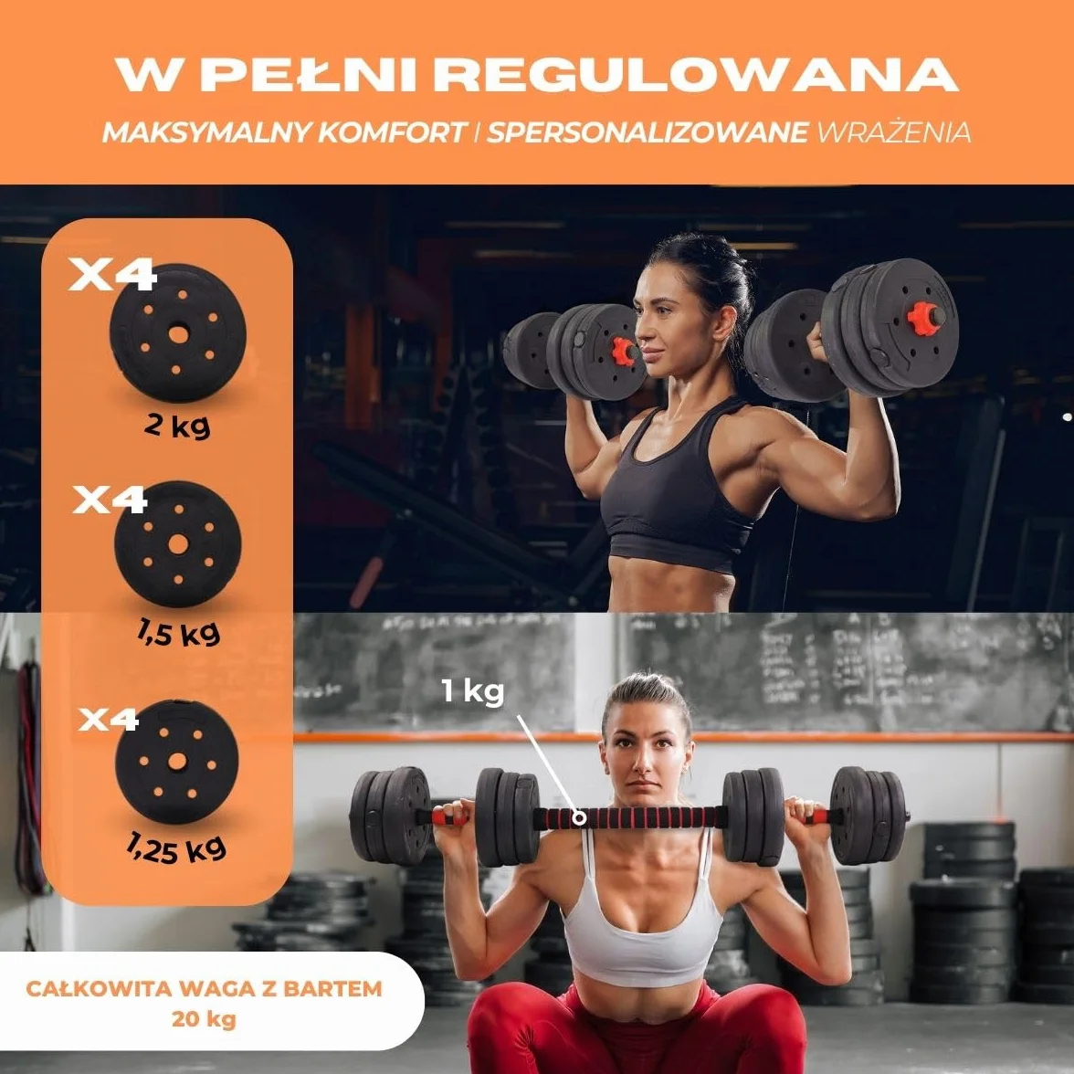 Mobiclinic Regulowane hantle 2 w 1 20 kg Wytrzymała stal