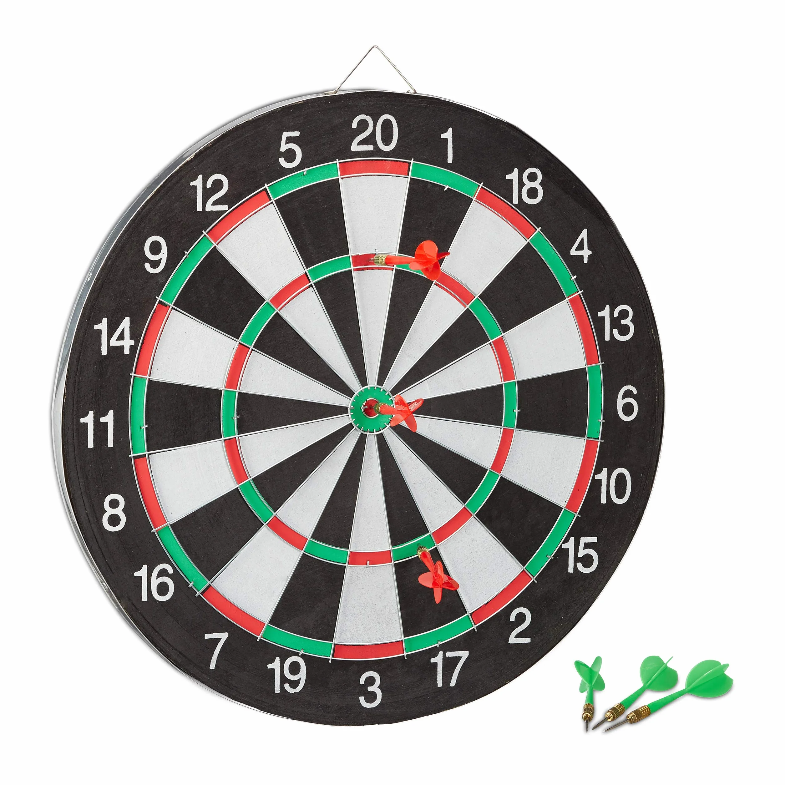 Relaxdays Tarcza do rzutek X1 z rzutkami, 43 cm, 6 x rzutki, dwustronna, stalowe rzutki, klasyczna tarcza do rzutek, czarno-biała