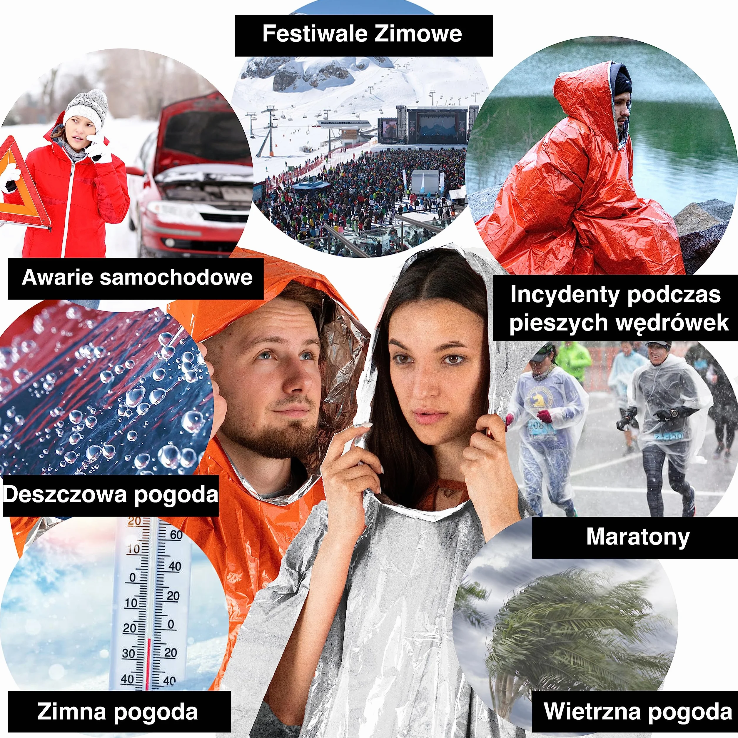 aZengear Ponczo survivalowe termiczna powłoka z folii mylarskiej wodoodporne wiatroszczelne z kapturem Pomarańczowy 4 szt.