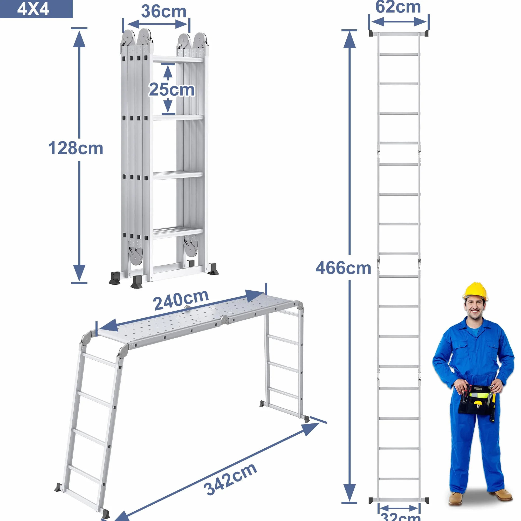 UISEBRT Składana drabina wielofunkcyjna aluminiowa 4x4 470 cm 150 kg 6 w 1 srebrna