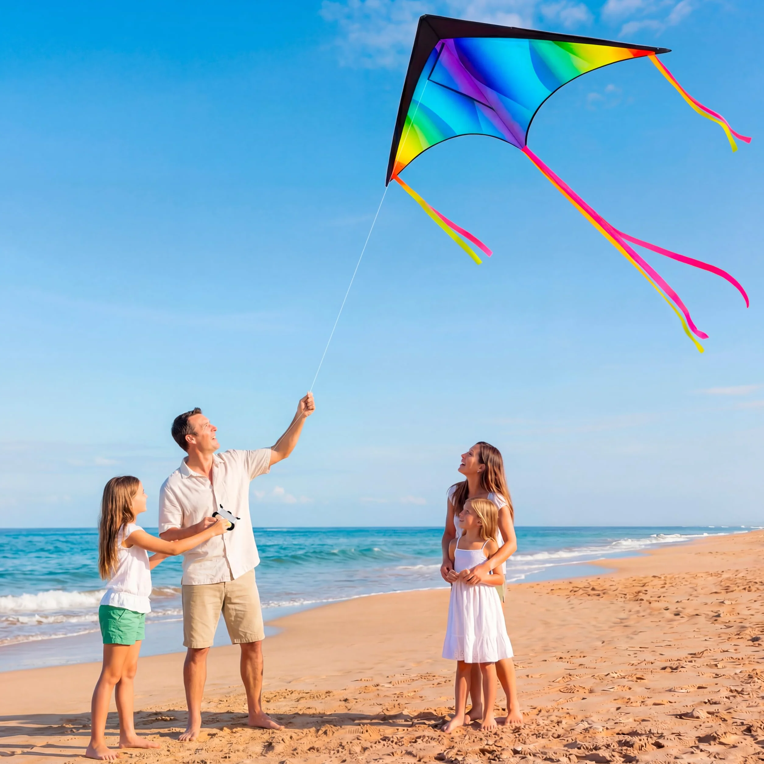 JOYIN Duży gradientowy latawiec Delta Rainbow, łatwy do latania, ogromny dla dzieci i dorosłych, ze sznurkiem o długości 100 m, duży latawiec plażowy Delta do gier i aktywności na świeżym powietrzu