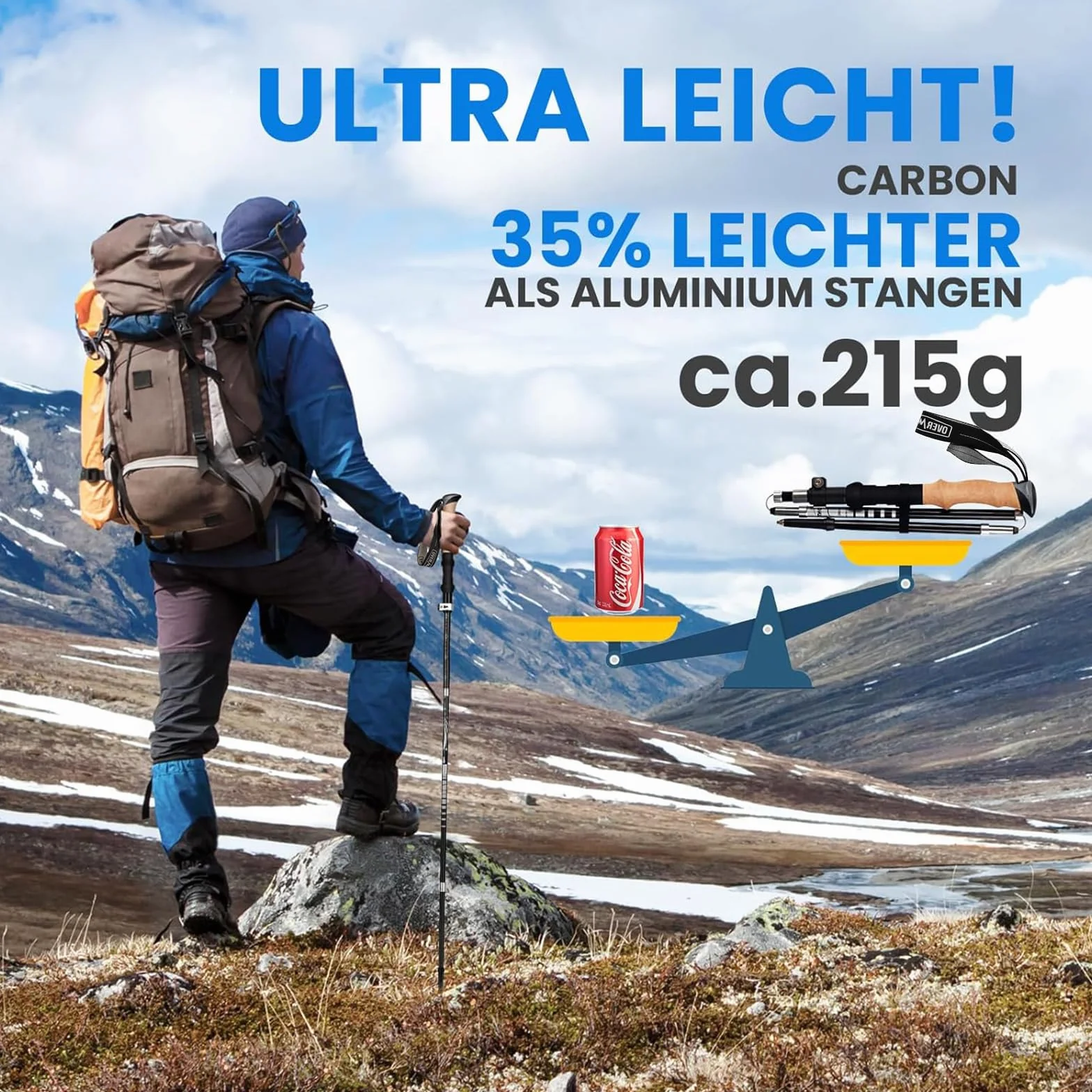 Overmont Kijki trekkingowe składane z włókna węglowego regulowane 105-125 cm do Nordic Walking 1 para