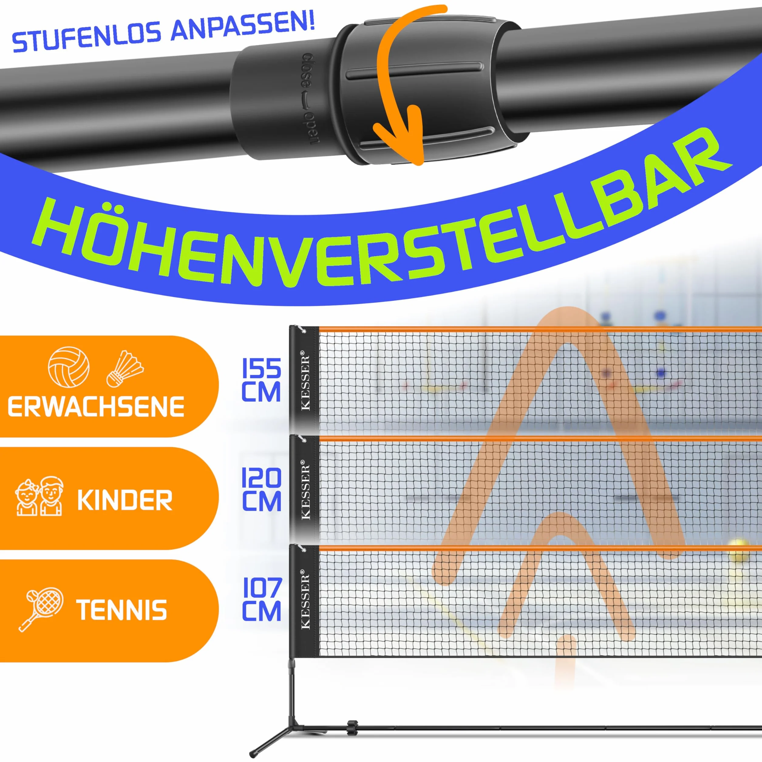 KESSER® Siatka do badmintona, siatka tenisowa, 300 cm, 400 cm, 500 cm, 3-stopniowa regulacja wysokości, zestaw składa się z siatki, 3 lotki, stabilnej ramy z żelaza, torby transportowej, wewnątrz i na