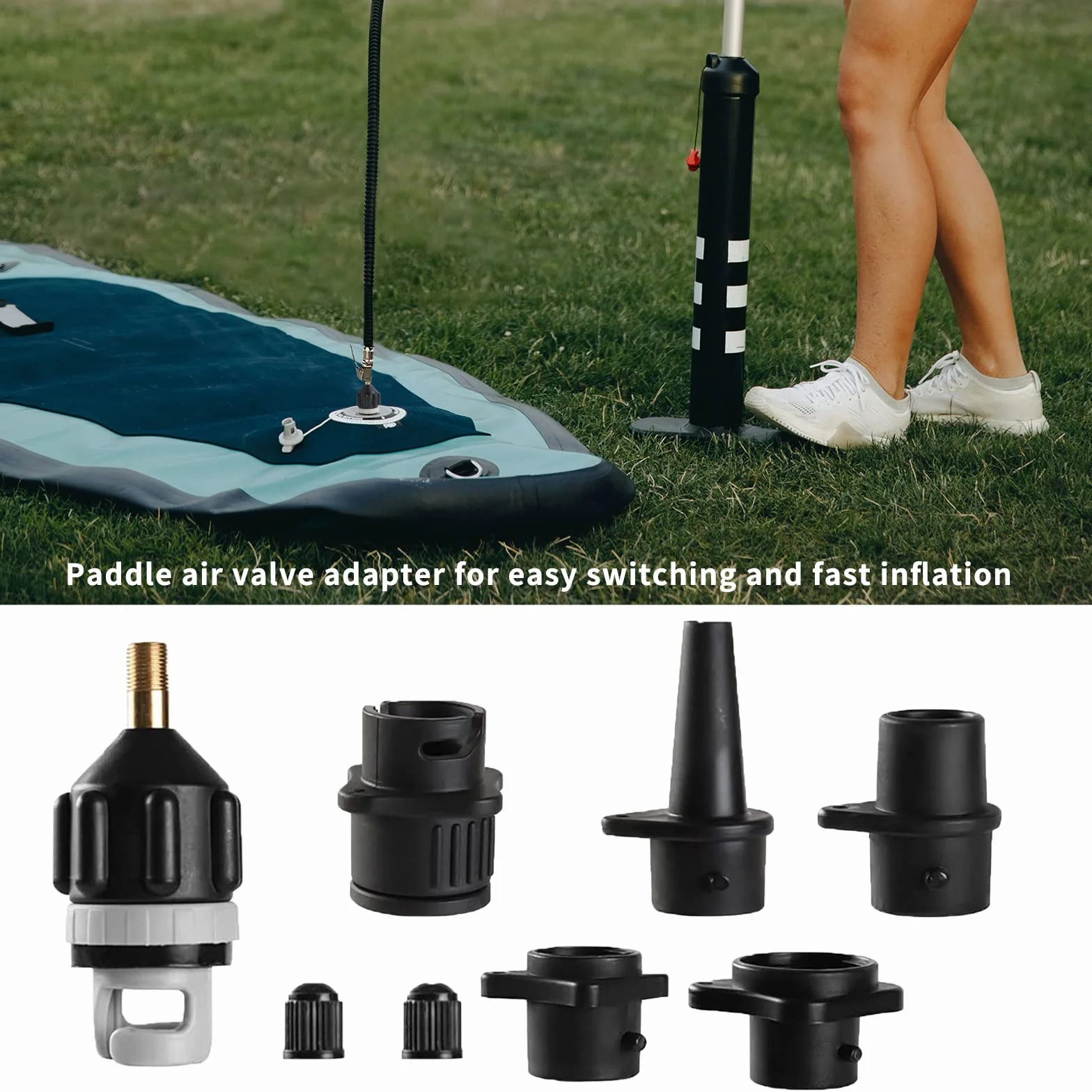 Adapter do sprężarki, pontonu, adapter do wentylu z 4 dyszami gazowymi, akcesoria do surfowania, adapter pompy do deski stojącej, nadmuchiwane łóżko (czarny)