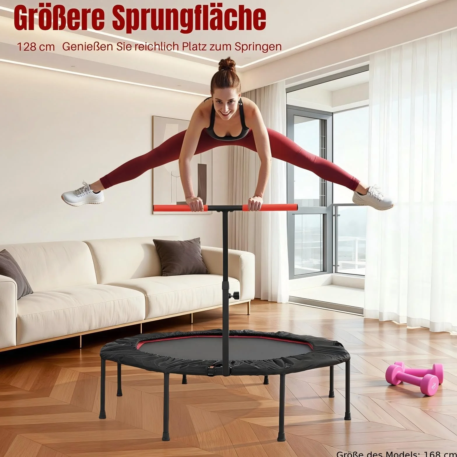 LIFERUN Cicha trampolina fitness, ośmiokątna mini trampolina, Ø 128 cm, do użytku wewnątrz i na zewnątrz, elastyczny sznurek, uchwyty z regulacją wysokości, obciążenie 150 kg, dla dorosłych, do