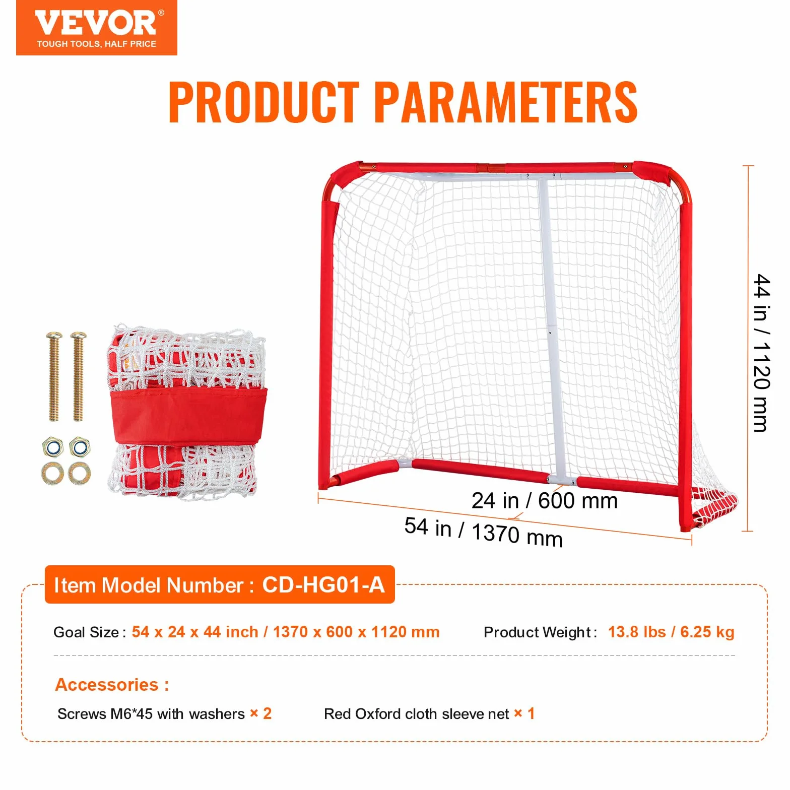 VEVOR Siatka hokejowa 137 x 112 cm, bramka hokejowa wewnątrz i na zewnątrz z rury stalowej, przenośny i lekki zestaw do treningu hokejowego, łatwy montaż, dla młodzieży, biały/czerwony