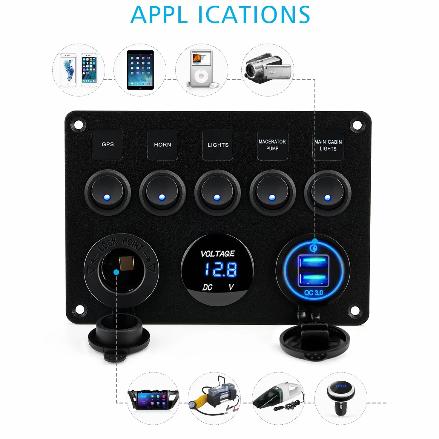 Kohree panel sterujący 12V/24V 4,2A IP65 podwójna ładowarka USB woltomierz 5 przełączników dźwigniowych