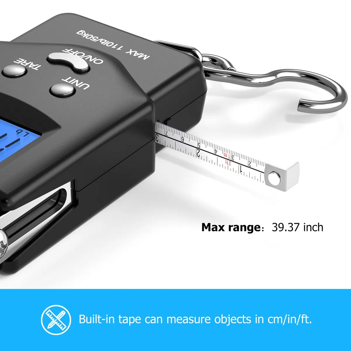 Dr.meter Waga wędkarska (PS01), waga wisząca, 50 kg, waga wędkarska z podświetlanym wyświetlaczem LCD, zintegrowana taśma miernicza, przenośna cyfrowa waga bagażowa z haczykiem, 2 baterie AAA, prezent