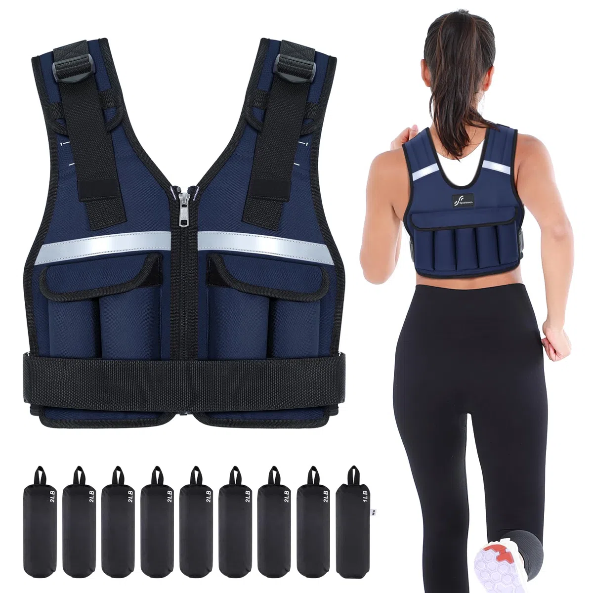 Sportneer Regulowana kamizelka obciążeniowa od 0,9 kg do 8 kg, szybko regulowana kamizelka do biegania 9 w 1, dla mężczyzn i kobiet, trening siłowy, kalistenika i siłownia, kamizelka obciążeniowa