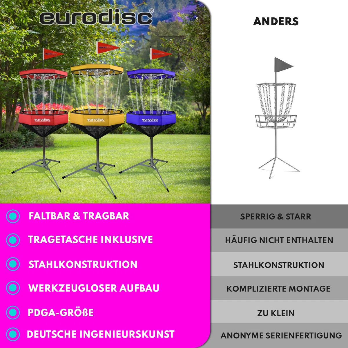 eurodisc Disc Golf kosz Chainwalker, Disc Golf Target - wysokość: 140 cm - przenośny, przenośny, lekki i do złożenia - w zestawie torba do przenoszenia