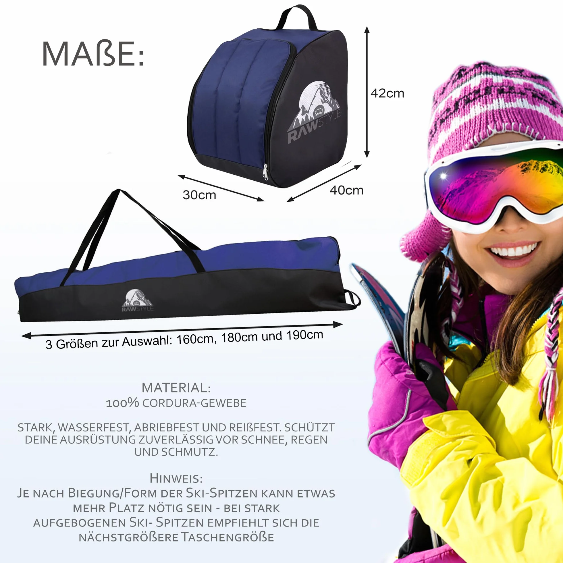 Rawstyle Torba narciarska na buty narciarskie 160 cm 180 cm 190 cm wodoszczelna pokrowiec na narty czarno-czarny zestaw 180 cm