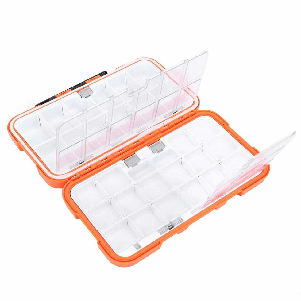 Wodoodporny organizer na sprzęt wędkarski z dwustronnymi przegródkami na przynęty, haczyki i akcesoria. Grubsza plastikowa obudowa do wędkarstwa muchowego (model C, L 39 x 39 x 4,5 cm /