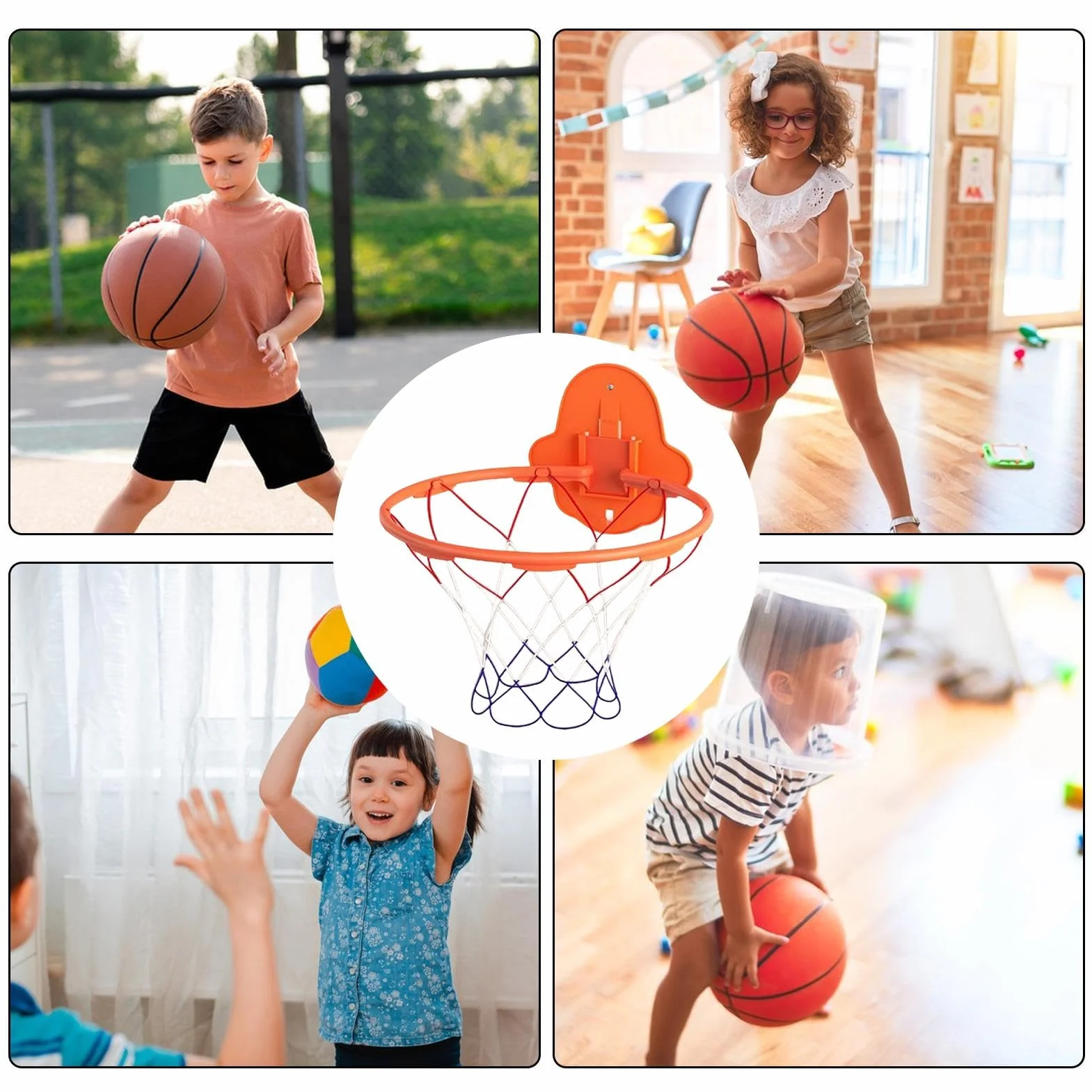Silent Basketball Hoop, Foldable Wall-Mounted Hoop with Sticky Backing, 32cm/12.6 Inches Dribbling Training Toy for Indoor Outdoor Use, Adults, Kids 3/5/7 Balls Abs + Metal