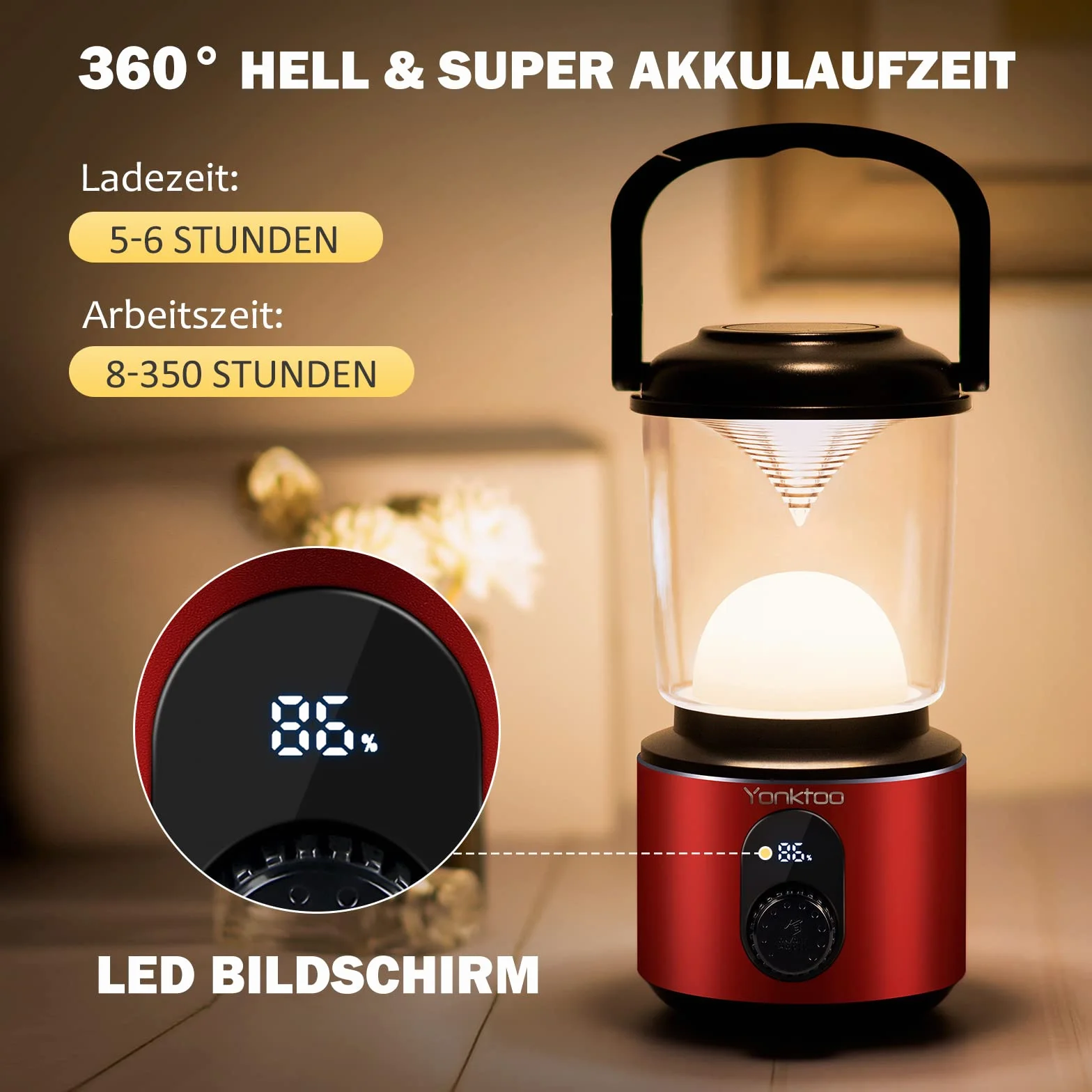 Yonktoo Oświetlenie kempingowe, 10400 mAh, latarnia kempingowa, USB-C z ekranem LED, lampa kempingowa działa 350 godzin, 5 trybów świecenia, wodoodporne światła namiotowe do wędkowania, wędrówek