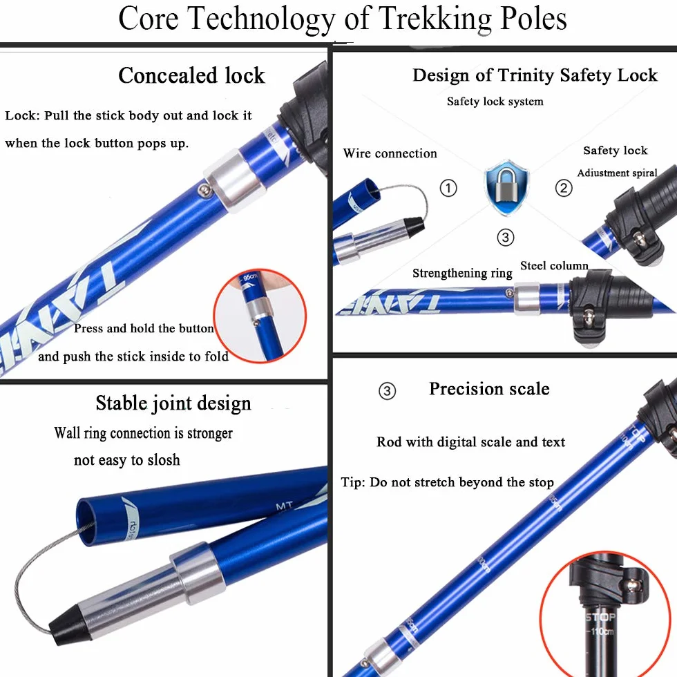 Składany kij do chodzenia, Kij turystyczny, Oddychający korek, Pole Odporne na wstrząsy antypoślizgowe, antypoślizgowe, odporne na wstrząsy, do Nordic Walking, Alpinizm, Jazda na nartach,