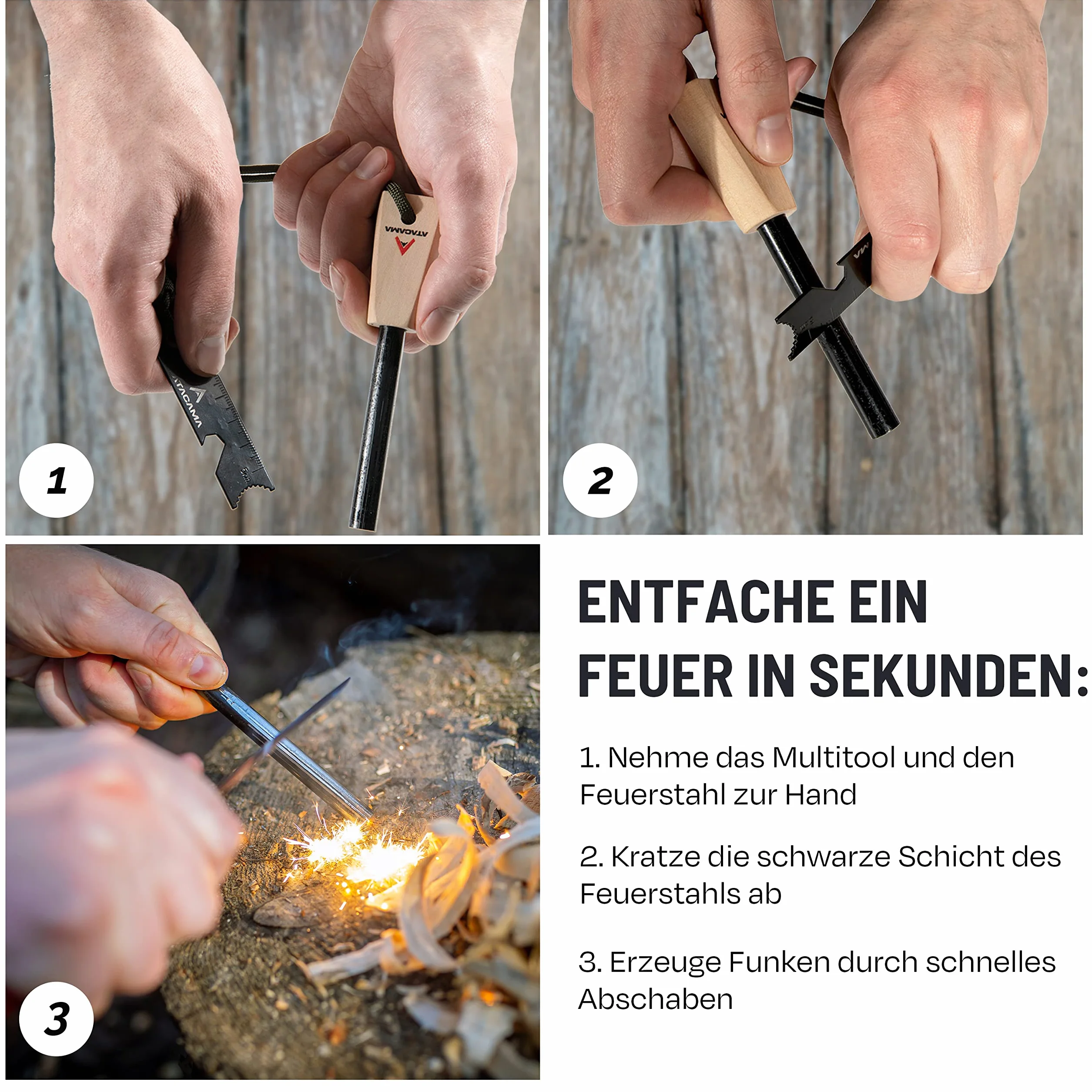 Atacama Krzesiwo survivalowe zestaw z narzędziem wielofunkcyjnym, krzesiwo Kienspan Tinder, dmuchawka i krzesiwo - wyposażenie outdoorowe i wyposażenie bushcraft - Firestarter - wieczna zapałka