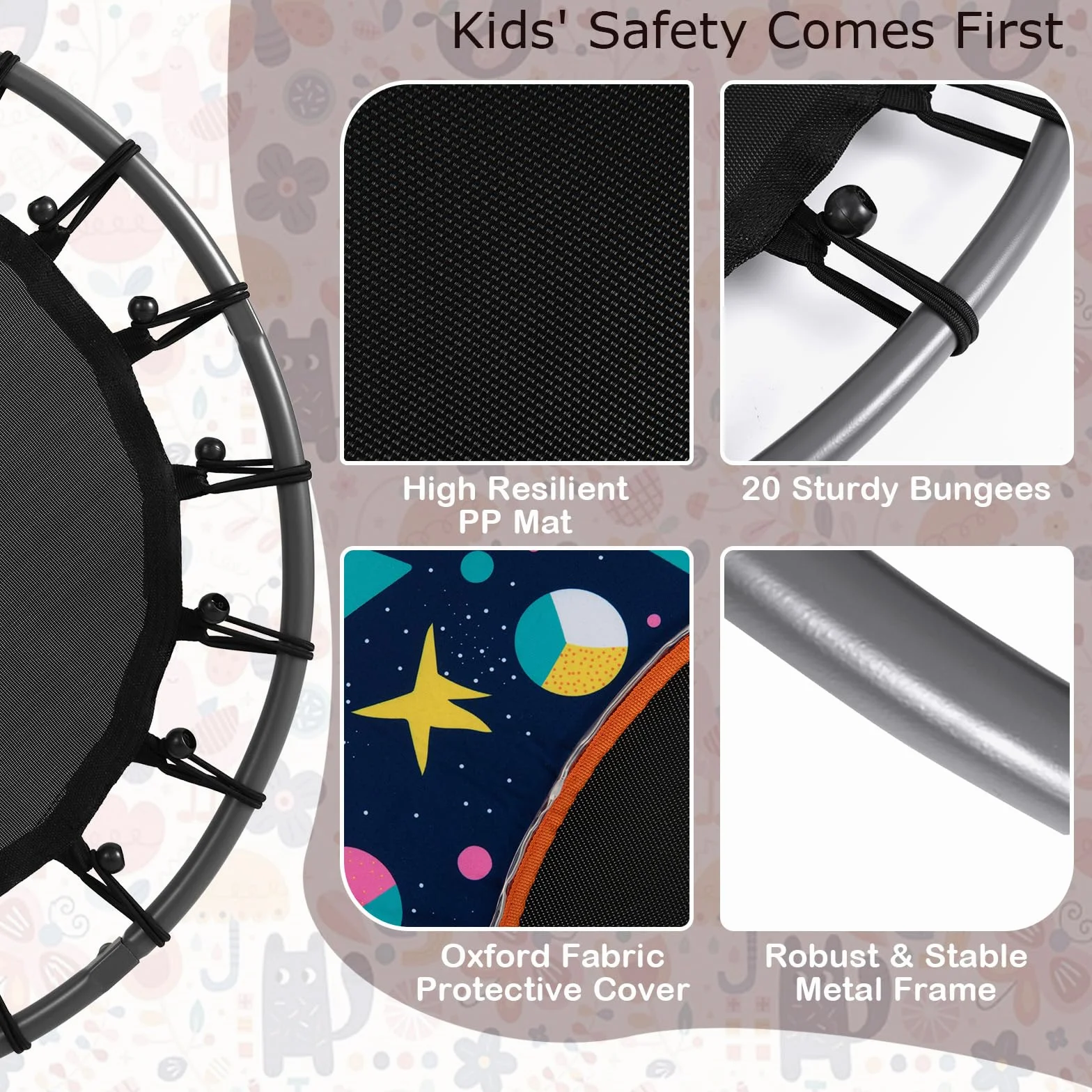 KOMFOTTEU Trampolina dziecięca, Ø 92 cm, mini trampolina ze światłami LED, trampolina ogrodowa z uchwytem i matą bezpieczeństwa, trampolina dla dzieci w wieku 3-6 lat