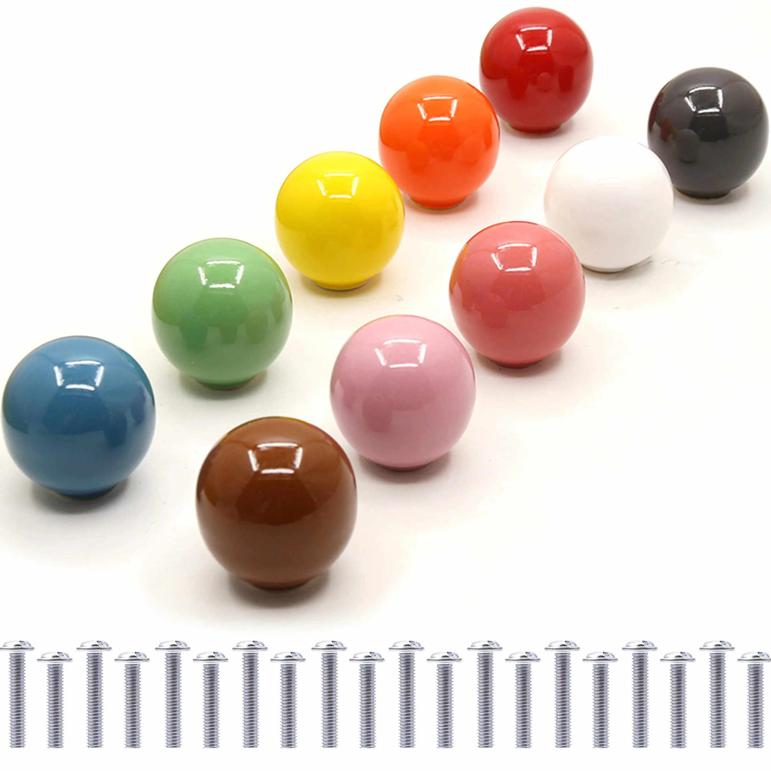Ceramic Knobs Cupboards Colourful Pack of 10 ceramicznych gałek, gładkie kulki, gałki meblowe, kolorowe do kuchni, łazienki dla dzieci, klatki piersiowej drawerów, cupboard, ze śrubami