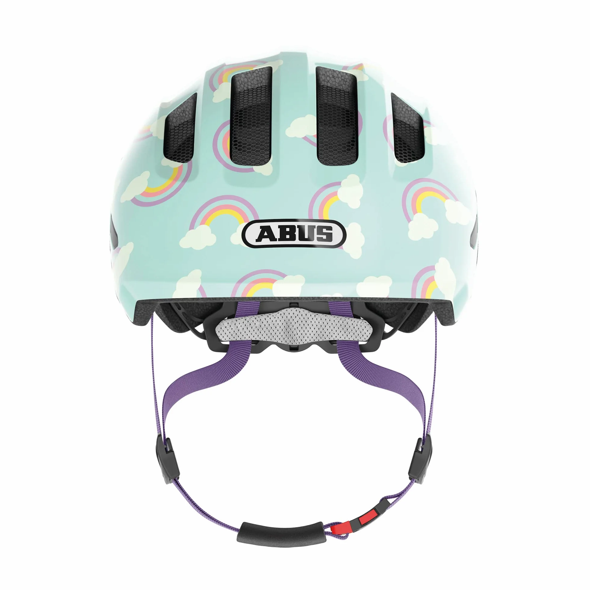 ABUS Kask dzieci?cy Smiley 3.0 LED – kask rowerowy ze ?wiat?em – g??bokie dopasowanie i miejsce na warkocz – dla dziewcz?t i ch?opców – jasnoniebieski z t?czowym wzorem, rozmiar M