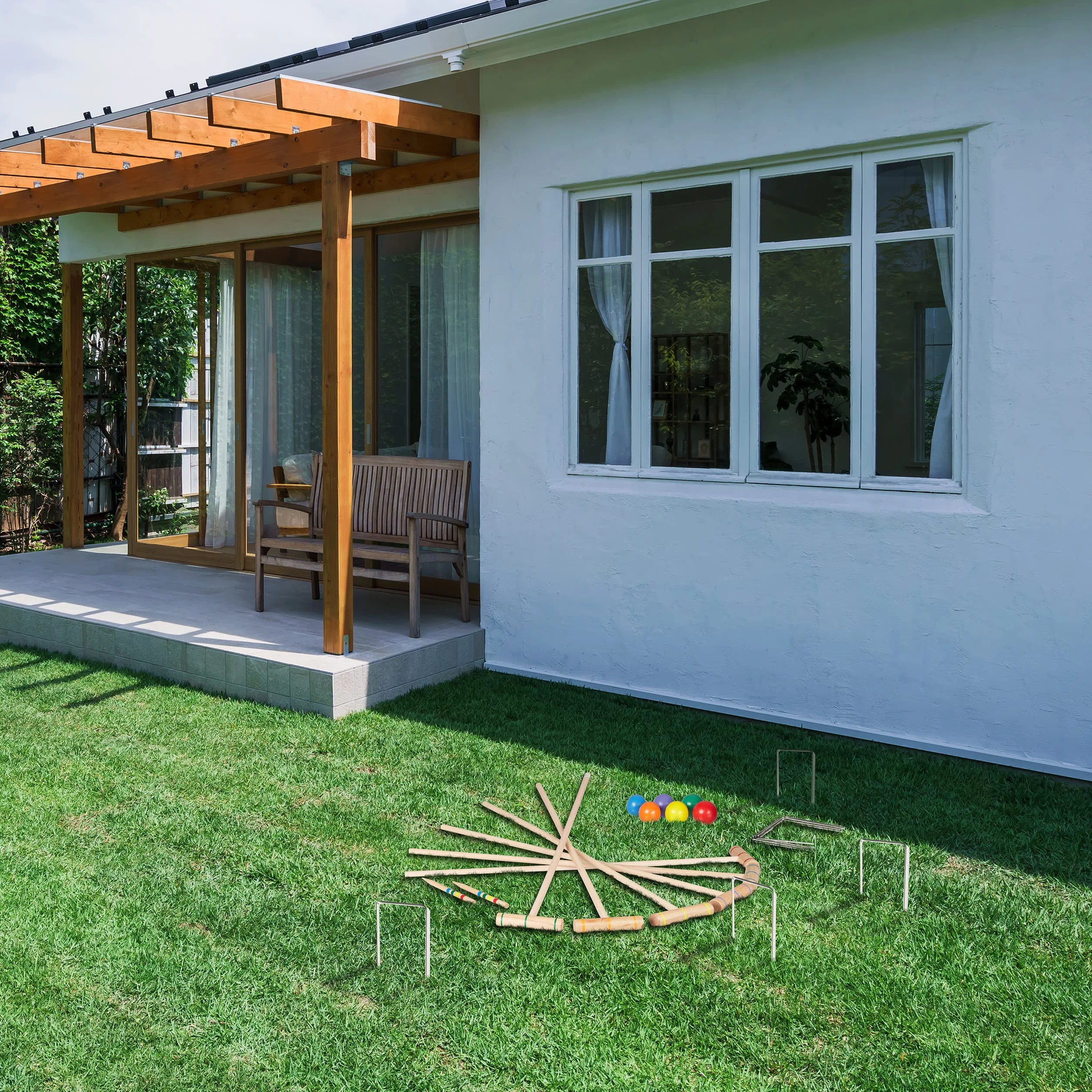 Relaxdays Gra w krokiet, dla 6 graczy, dla dzieci i dorosłych, kompletny zestaw z torbą, zestaw Croquet drewniany, rakieta, wielokolorowa