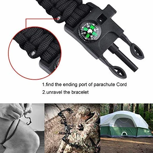 HONYAO Bransoletka survivalowa z kompasem gwizdkiem skrobakiem i krzemieniem zestaw paracord
