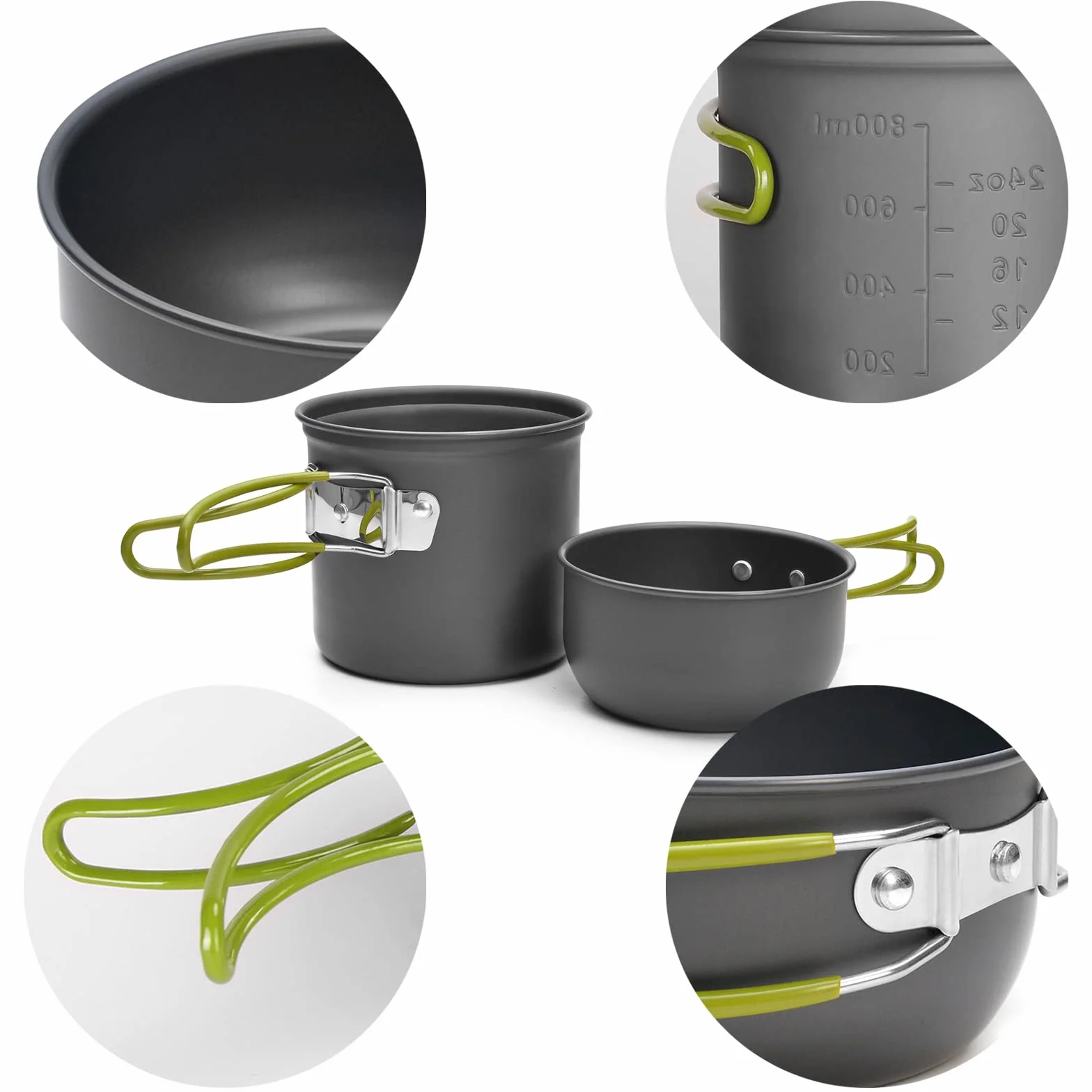 Odoland Zestaw naczyń kempingowych 10-częściowy zestaw naczyń do gotowania na zewnątrz, aluminium, garnki, kubek, składane sztućce, mini kuchenka kempingowa, na piknik, wędrówki