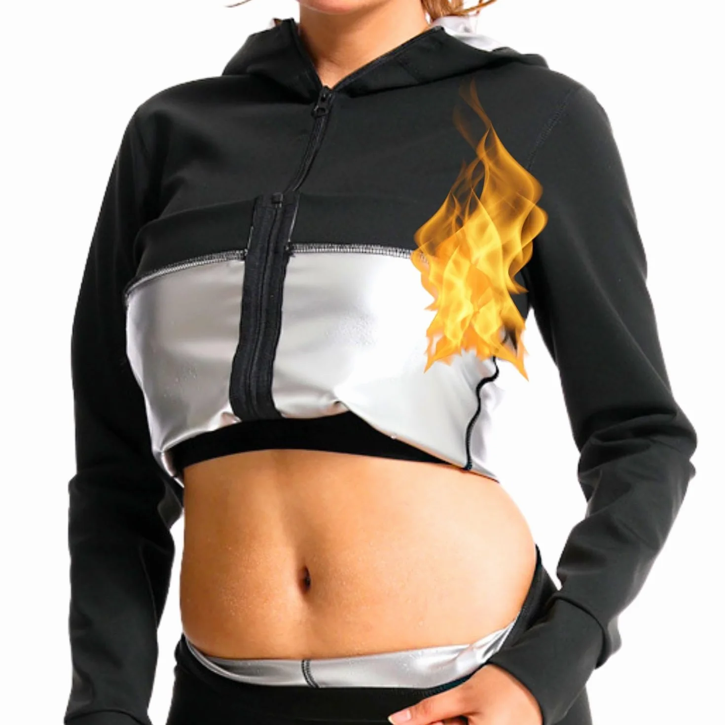 Kurtka do sauny z kapturem damska - kieszenie zapinane na zamek, długi rękaw