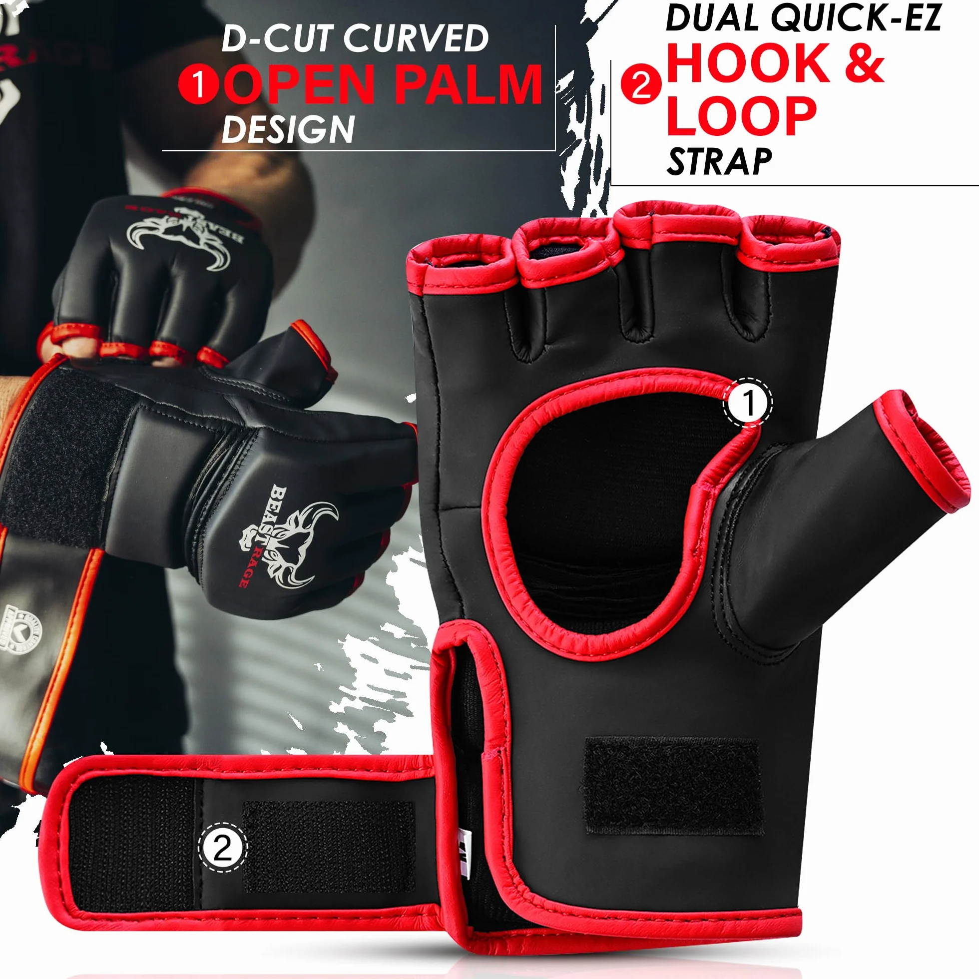 BEASTRAGE Rękawice MMA dla mężczyzn i kobiet, rękawice do sztuk walki, sparing, wentylowana dłoń, wegańska skóra, walka w klatce, muay thai, kickboxing, worek bokserski, kickboxing