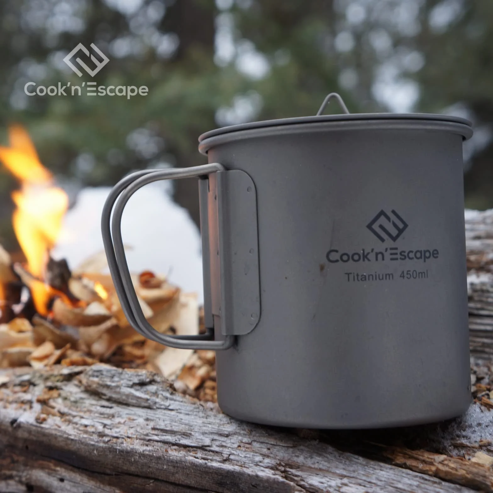 COOK'N'ESCAPE Tytanowy kubek 450 ml z pokrywką otwarty ogień naczynie kempingowe garnek składany uchwyt