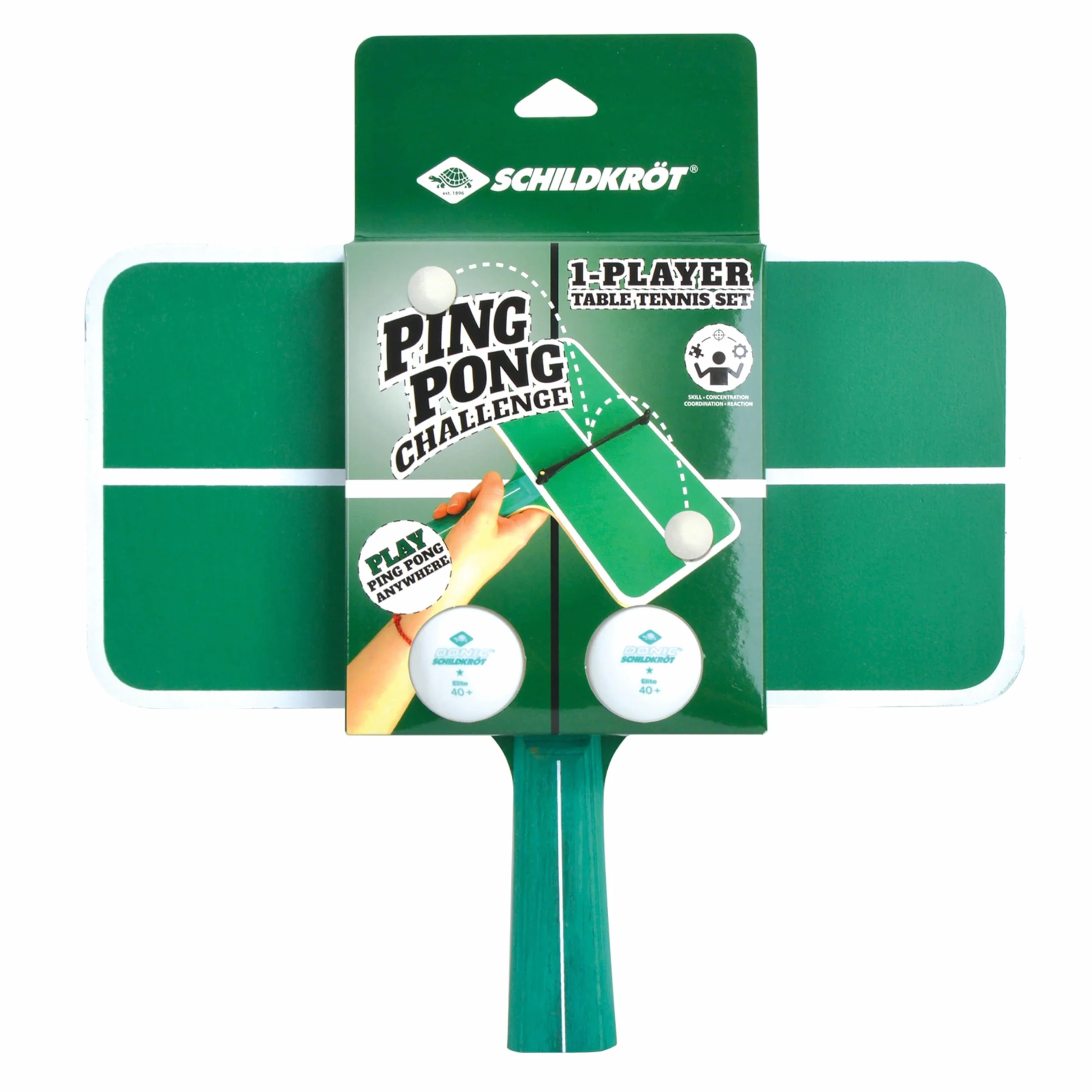 Schildkröt Ping Pong Challenge zestaw do tenisa stołowego, 1 rakieta w kształcie małego stołu do tenisa stołowego, z siatką, 2 piłki, gra zręcznościowa dla dużych i małych, 788459