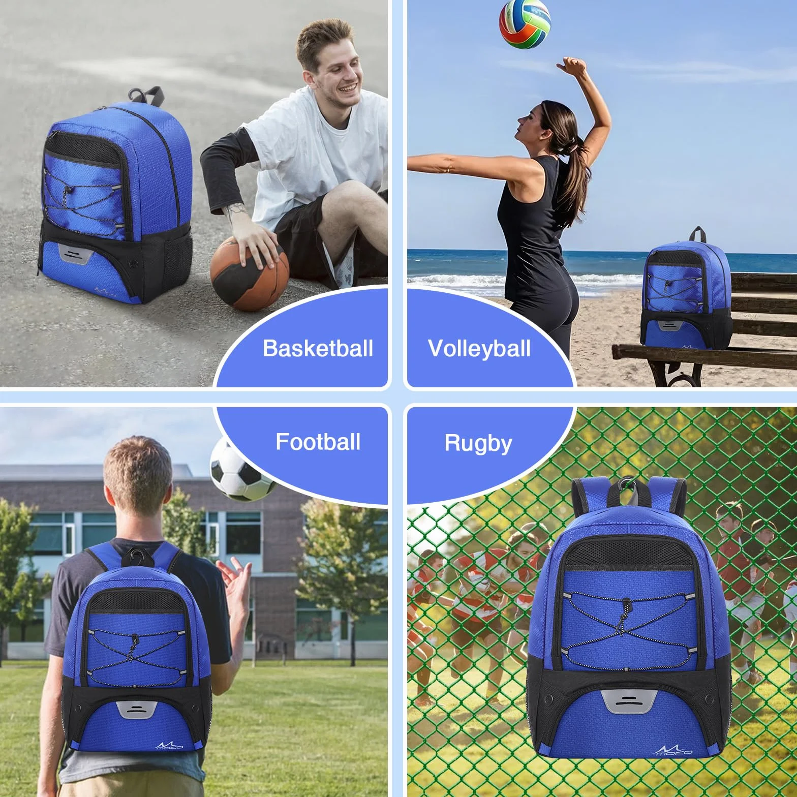 MoKo Basketball Bag Backpack, Soccer Backpack for Men & Women with Separate Ball and Shoes Compartments, Water-Resistant, Fence Hook, Sports Bag for Clothes, Shoes, Tablets, Laptops, Blue