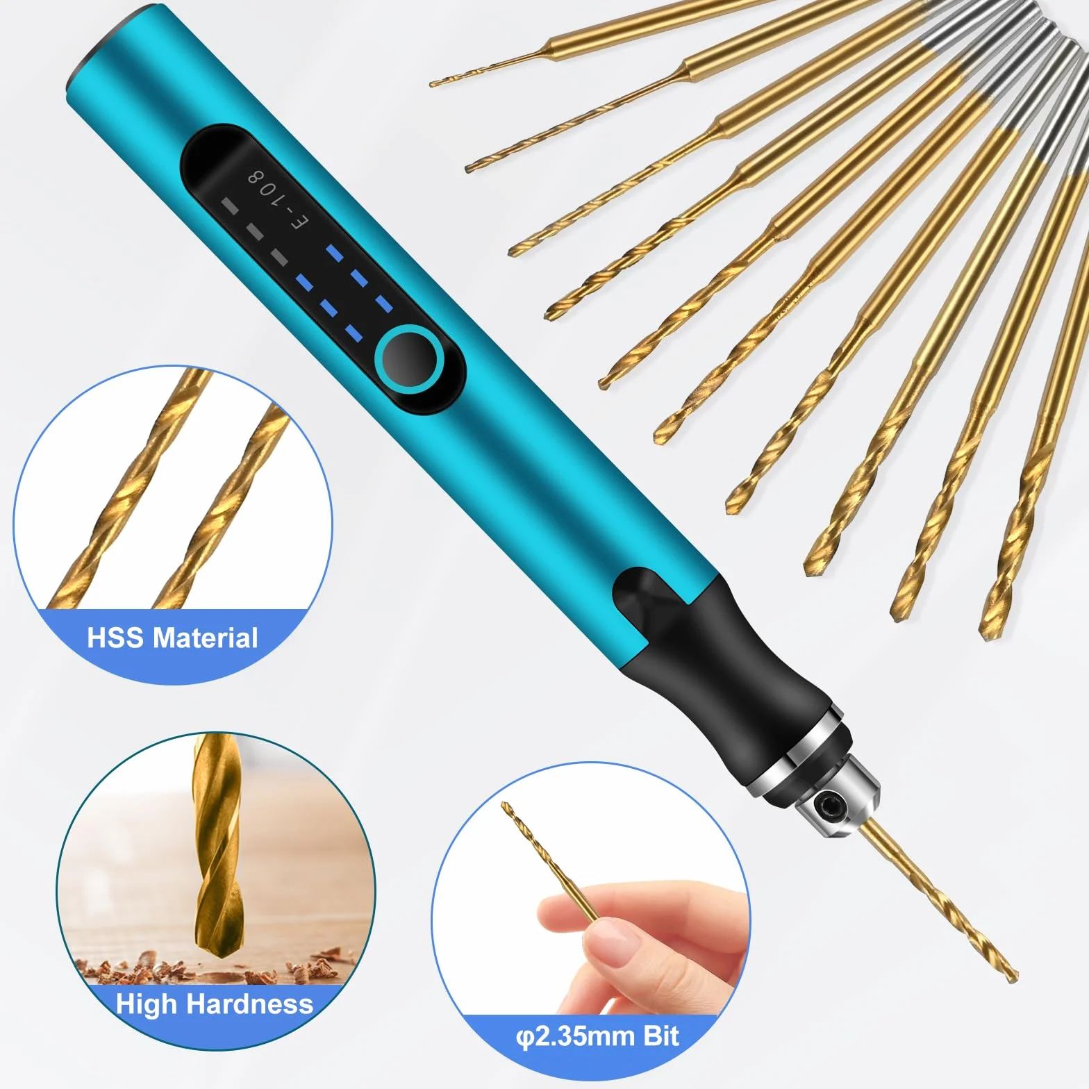 Comius Sharp 3-biegowa mini wiertarka elektryczna bezprzewodowa USB z 10 wiertłami spiralnymi 0,6-2,2 mm do biżuterii