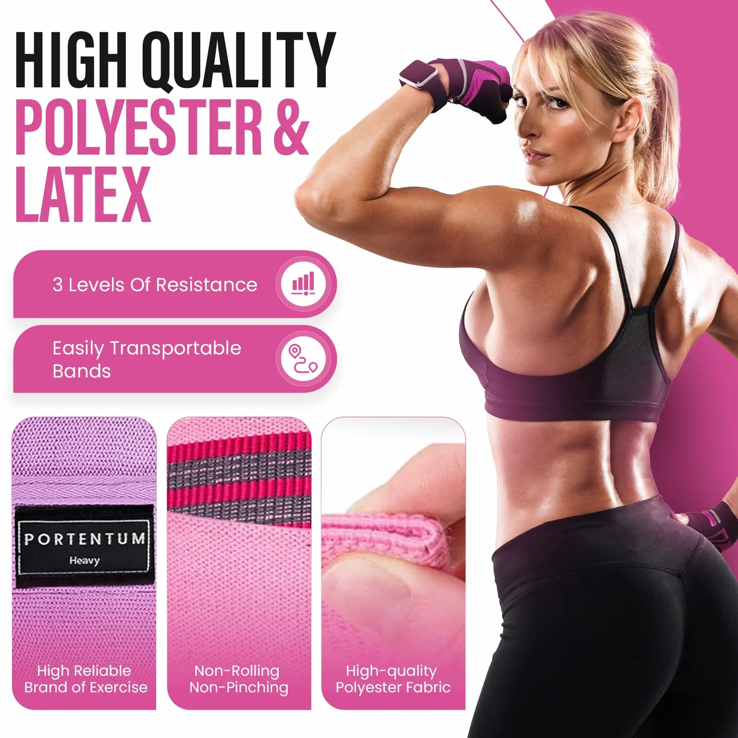 PORTENTUM Wstążki elastyczne do budowy mięśni, zestaw 3 elastycznych pasm fitness Anti-Slip Tkanina. 3 poziomy oporu dla Crossfit, Joga, Glutei i innych sportów i torby do przechowywania