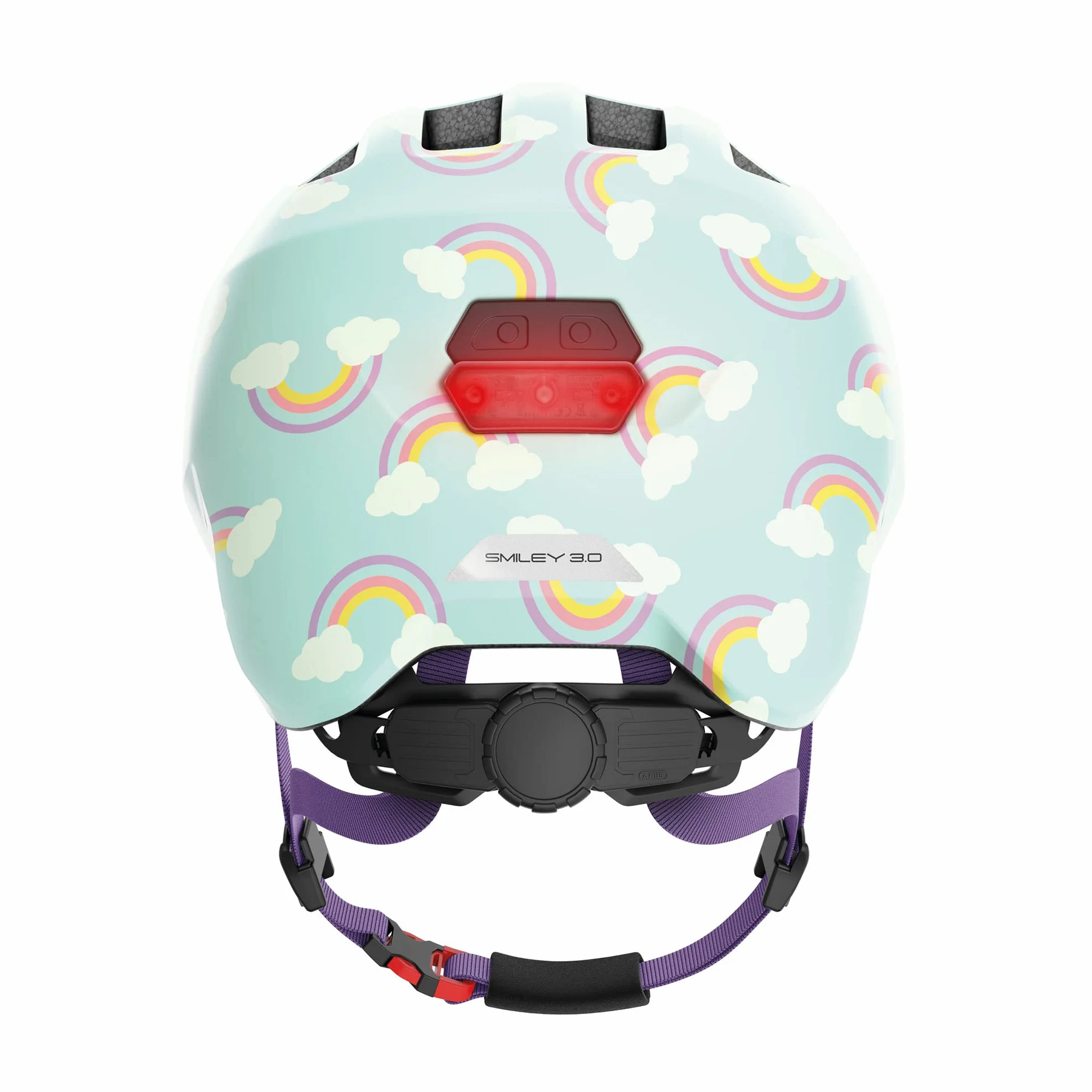 ABUS Kask dzieci?cy Smiley 3.0 LED – kask rowerowy ze ?wiat?em – g??bokie dopasowanie i miejsce na warkocz – dla dziewcz?t i ch?opców – jasnoniebieski z t?czowym wzorem, rozmiar M