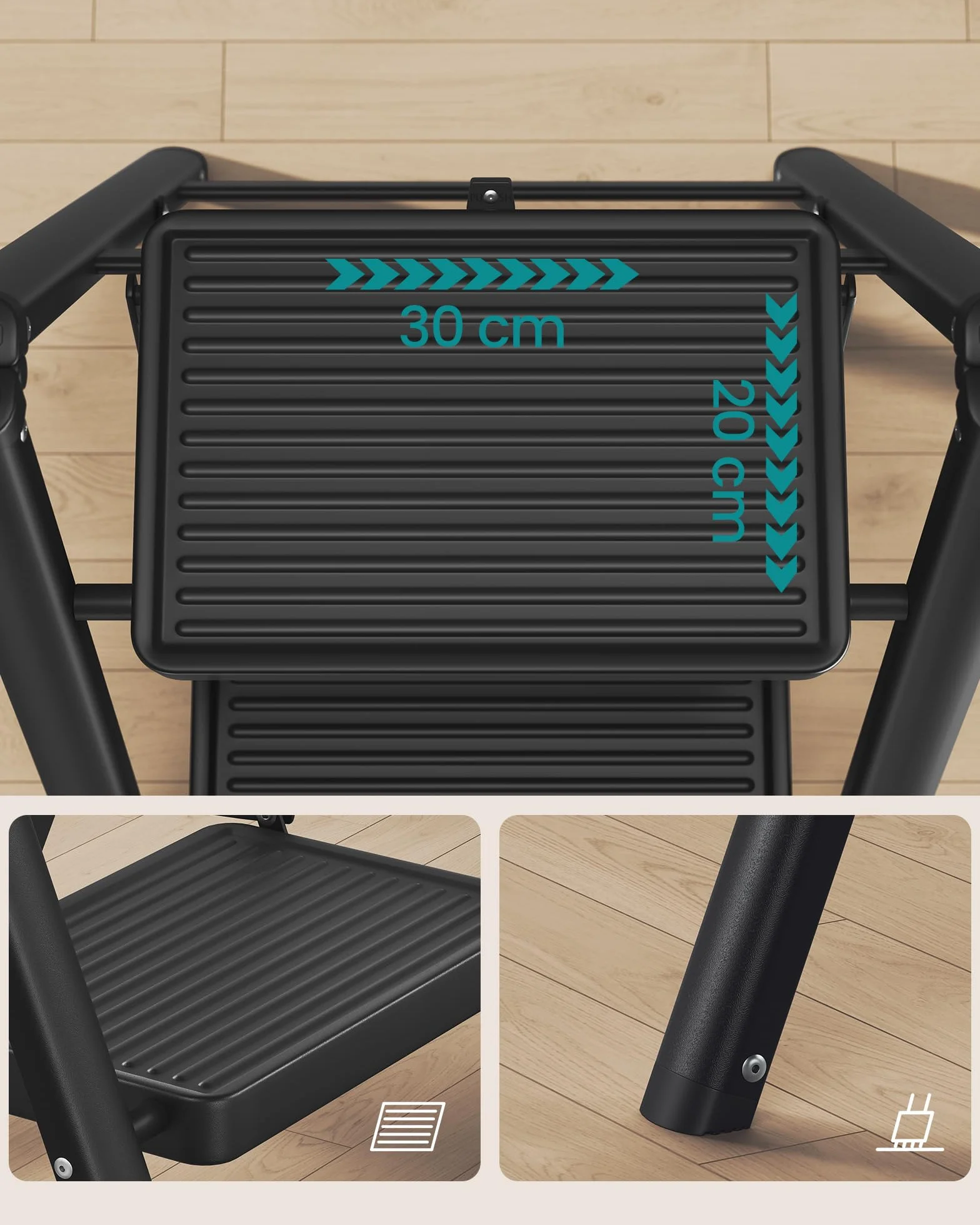 SONGMICS składana drabina schodkowa dwustopniowa stalowa 150 kg 55 x 43,4 x 61,8 cm czarna GSL102BZ01