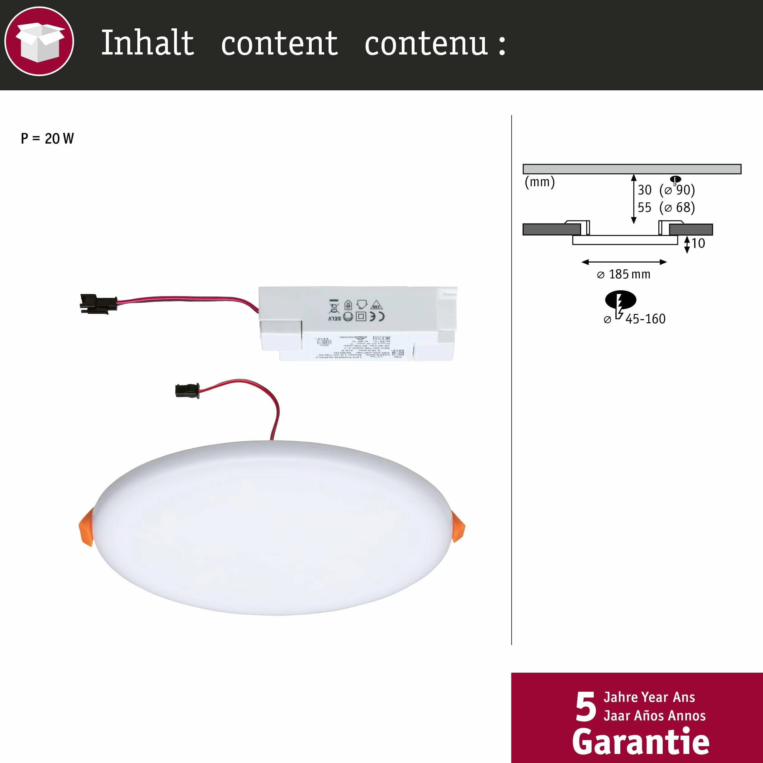 Paulmann Veluna VariFit Panel LED IP44 185mm Okrągła Oprawa Wpuszczana 17,5W 4000K Satynowa