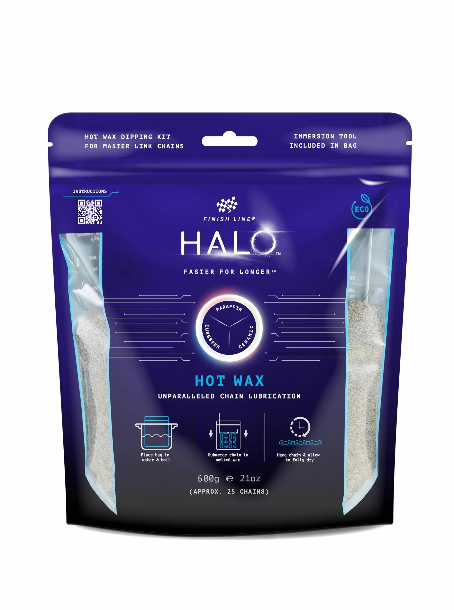 Finish Line HALO Hot Wax wosk klasy premium, 600 g, zestaw z narzędziem do zanurzania, granulki woskowe do topienia, wosk do łańcucha rowerowego, smar do łańcuchów dla trwałości, akcesoria rowerowe