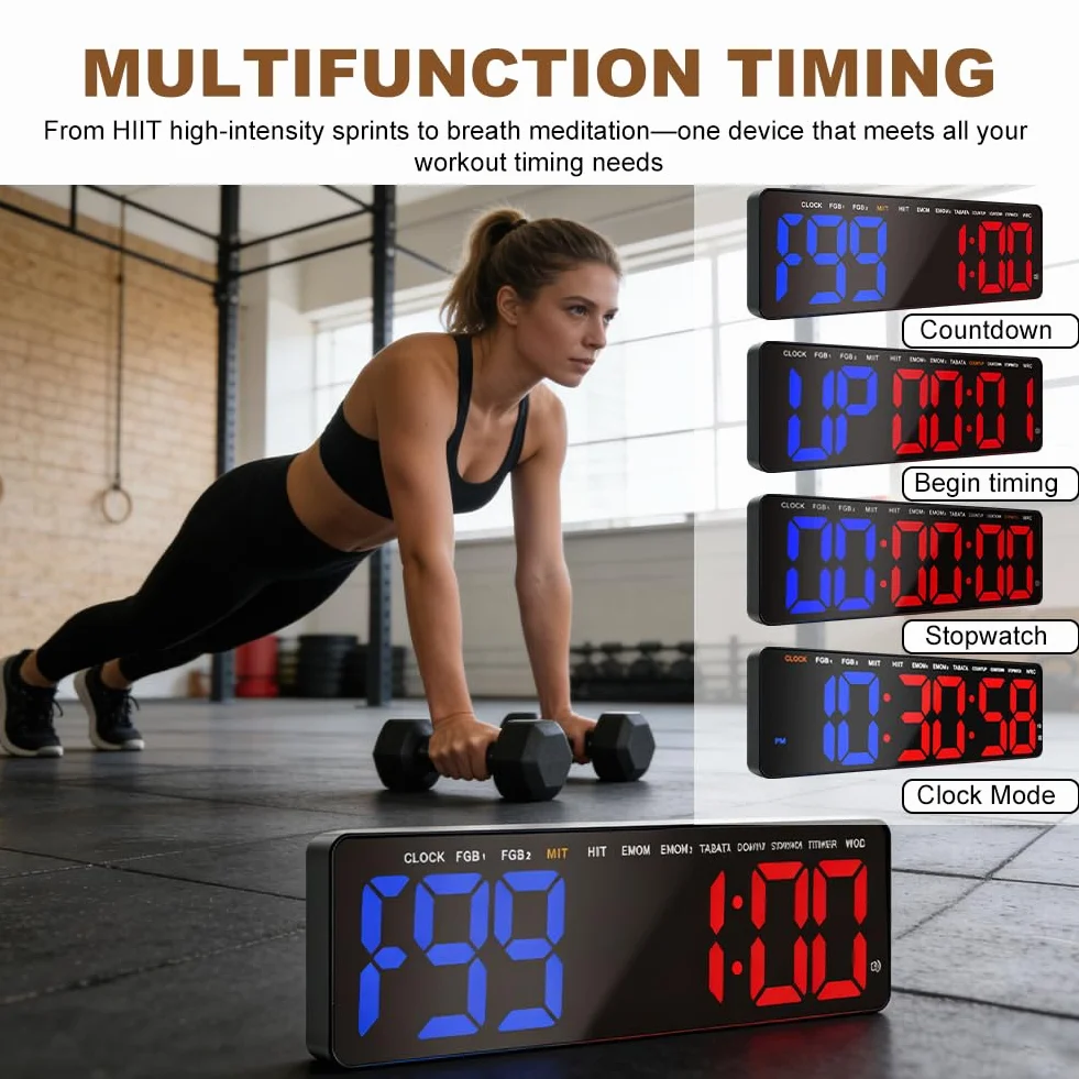 Siłownia timer, timer interwałowy z odliczaniem / up, stoper, duży, 16,5" LED, cyfrowy zegar ścienny do treningu fitness, HIIT, Tabata, domu, garażu