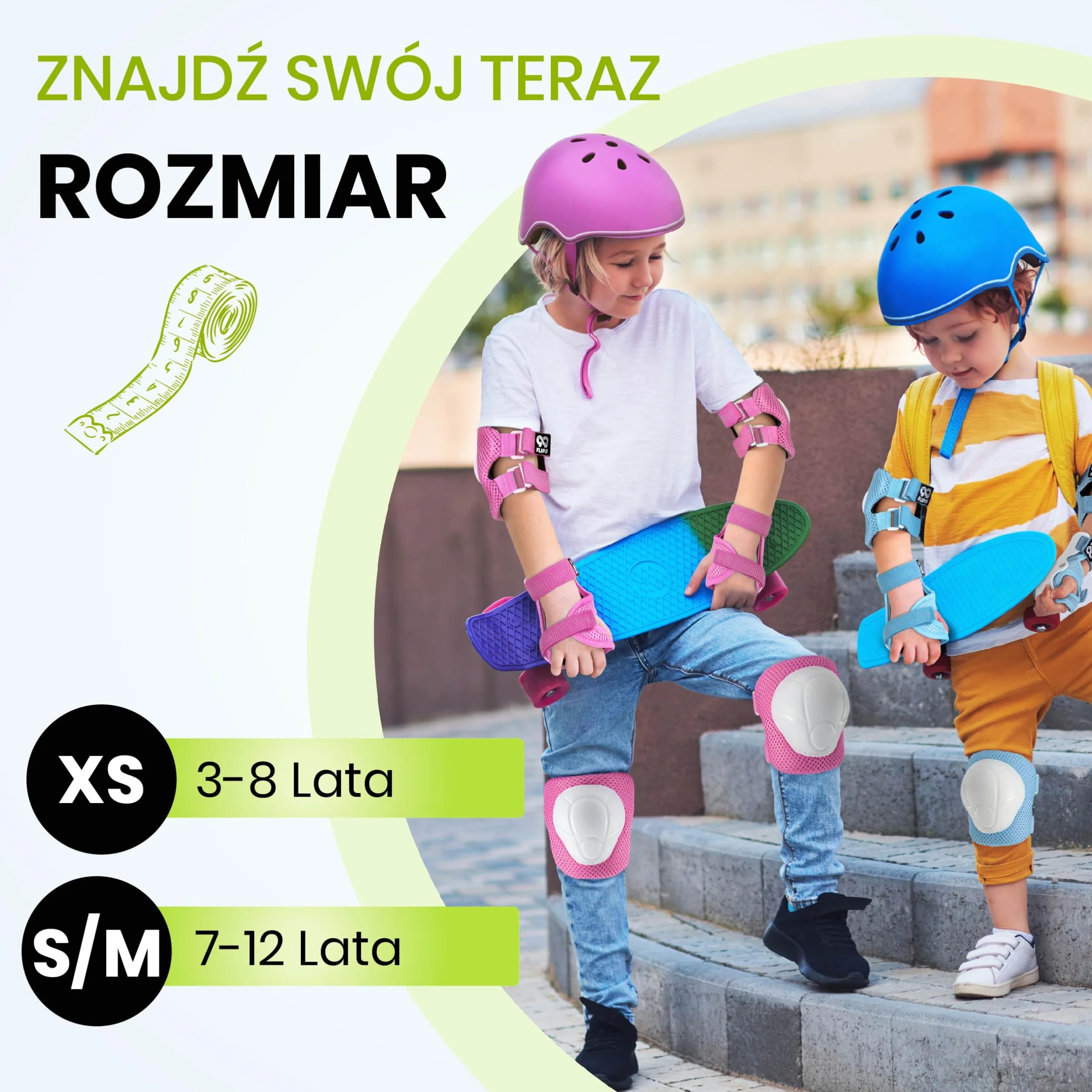 99FLIPS FLASH Zielone Ochraniacze na Rolki dla Dzieci od 3 lat XS Zestaw 6 el z Certyfikatem GS TÜV Rheinland