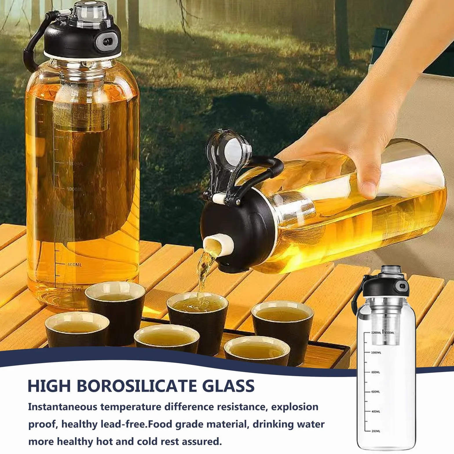 GOMETY Szklana butelka na napoje, 1,5 l, z odpływem herbaty, 1500 ml, ze szkła borokrzemowego, przenośna, szczelna, duża, idealna dla miłośników herbaty, na siłownię, do uprawiania sportu, fitnessu