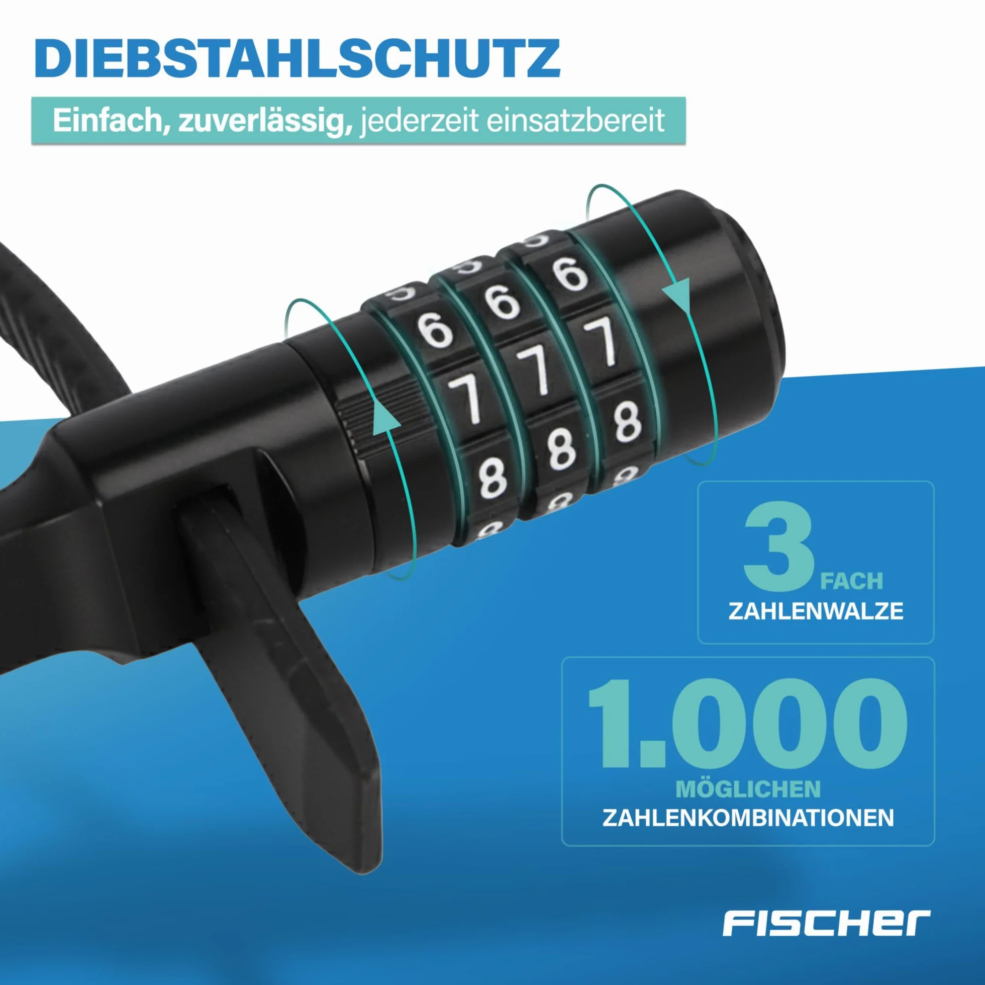 FISCHER Zapięcie rowerowe, zestaw specjalnych zamków z zamkiem szyfrowym, do roweru, kasku lub jazdy na nartach, czarne, dwa zamki o długości 35 i 53 cm