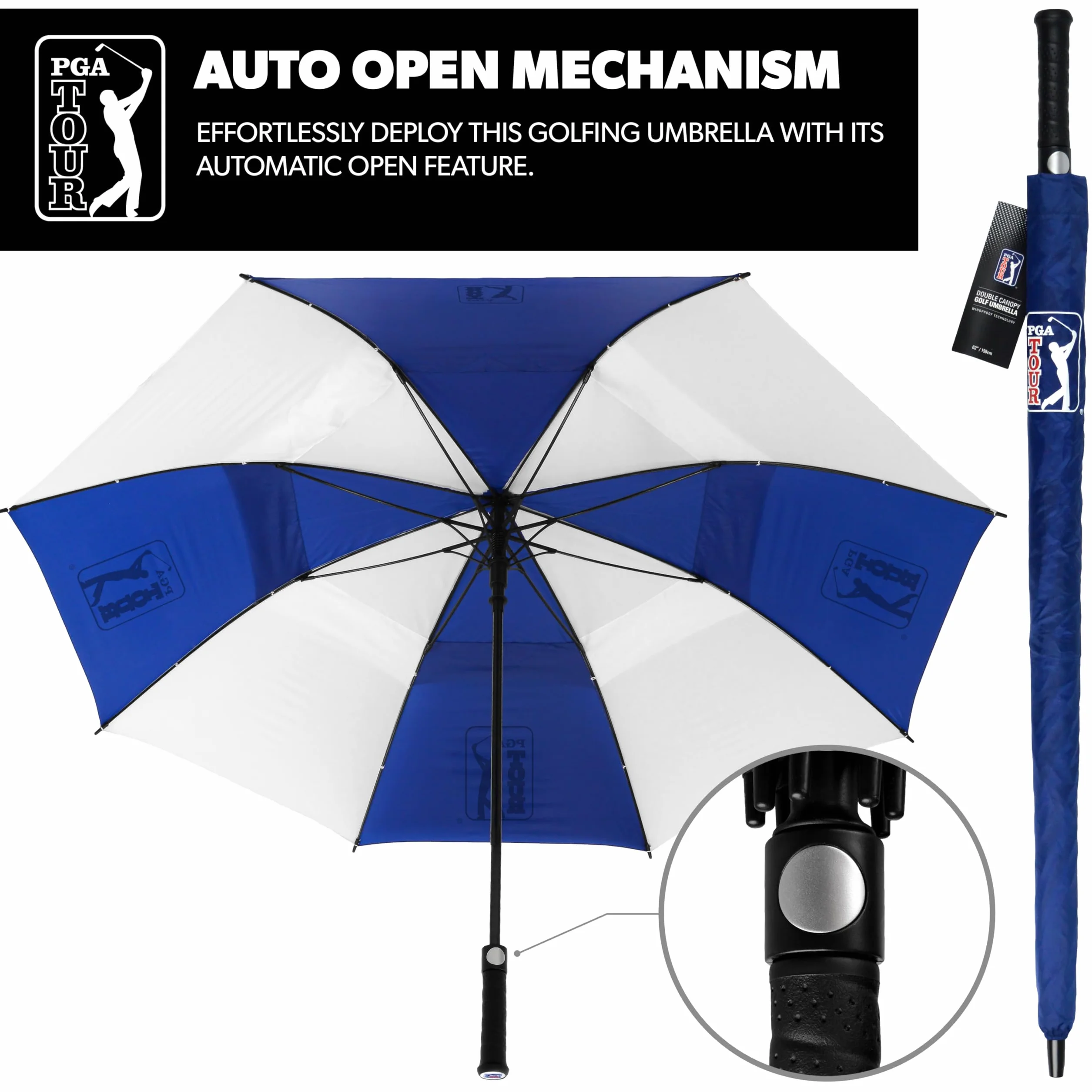 PGA Tour Wiatroszczelny parasol golfowy, niebieski, biały, 152 cm
