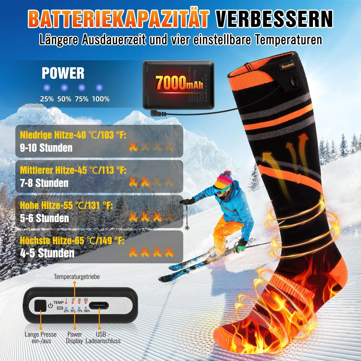 Ogrzewane skarpety 7000 mAh, ogrzewane skarpety z akumulatorem USB, ogrzewane skarpety elektryczne, ciepłe skarpety zimowe