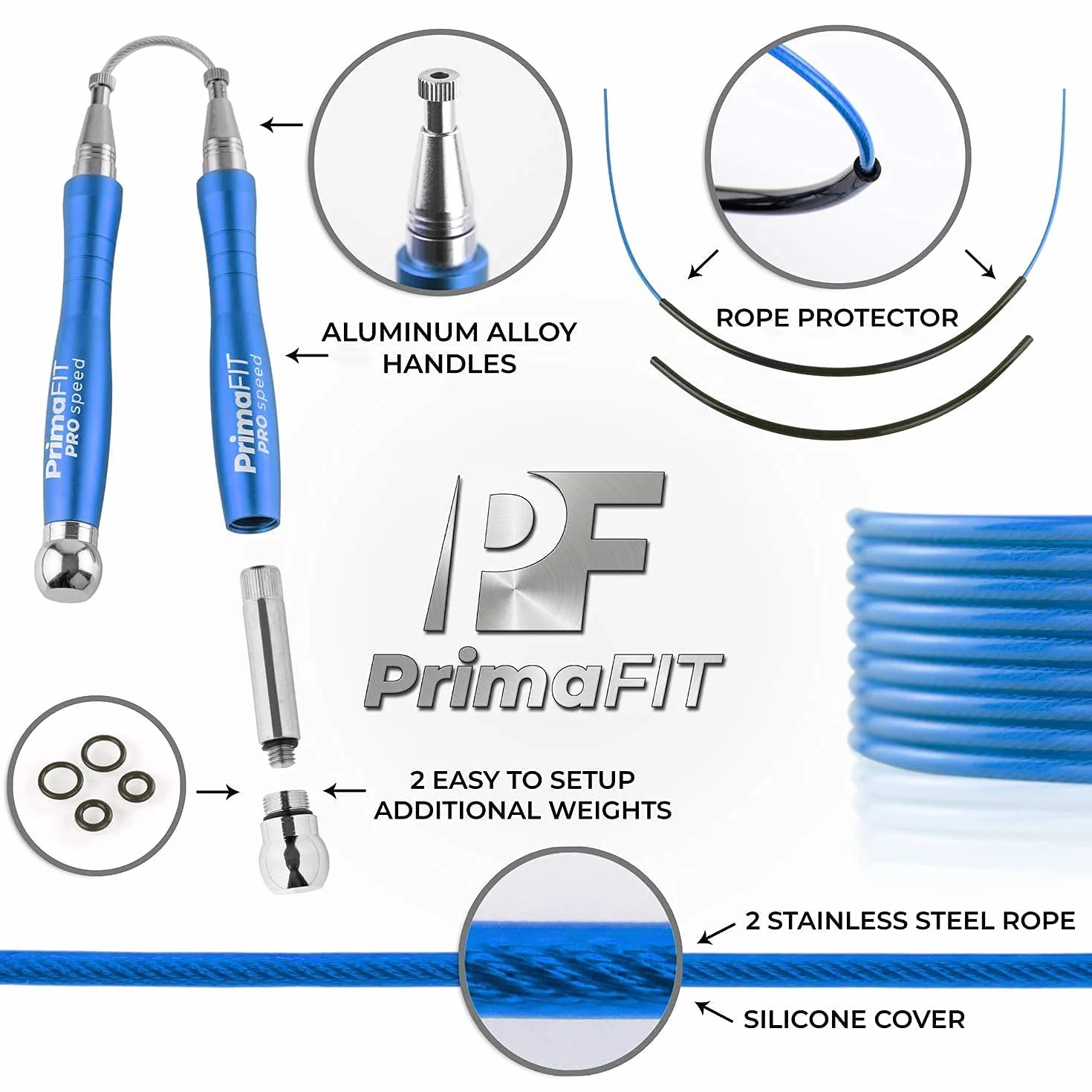 PrimaFIT Skakanka dla dorosłych Fitness Pro Speed Jump Rope 3 m, regulowana z obciążnikami, 2 łożyskiem kulkowym i antypoślizgowymi uchwytami, profesjonalna skakanka do boksu, MMA, crossfit, ekstra